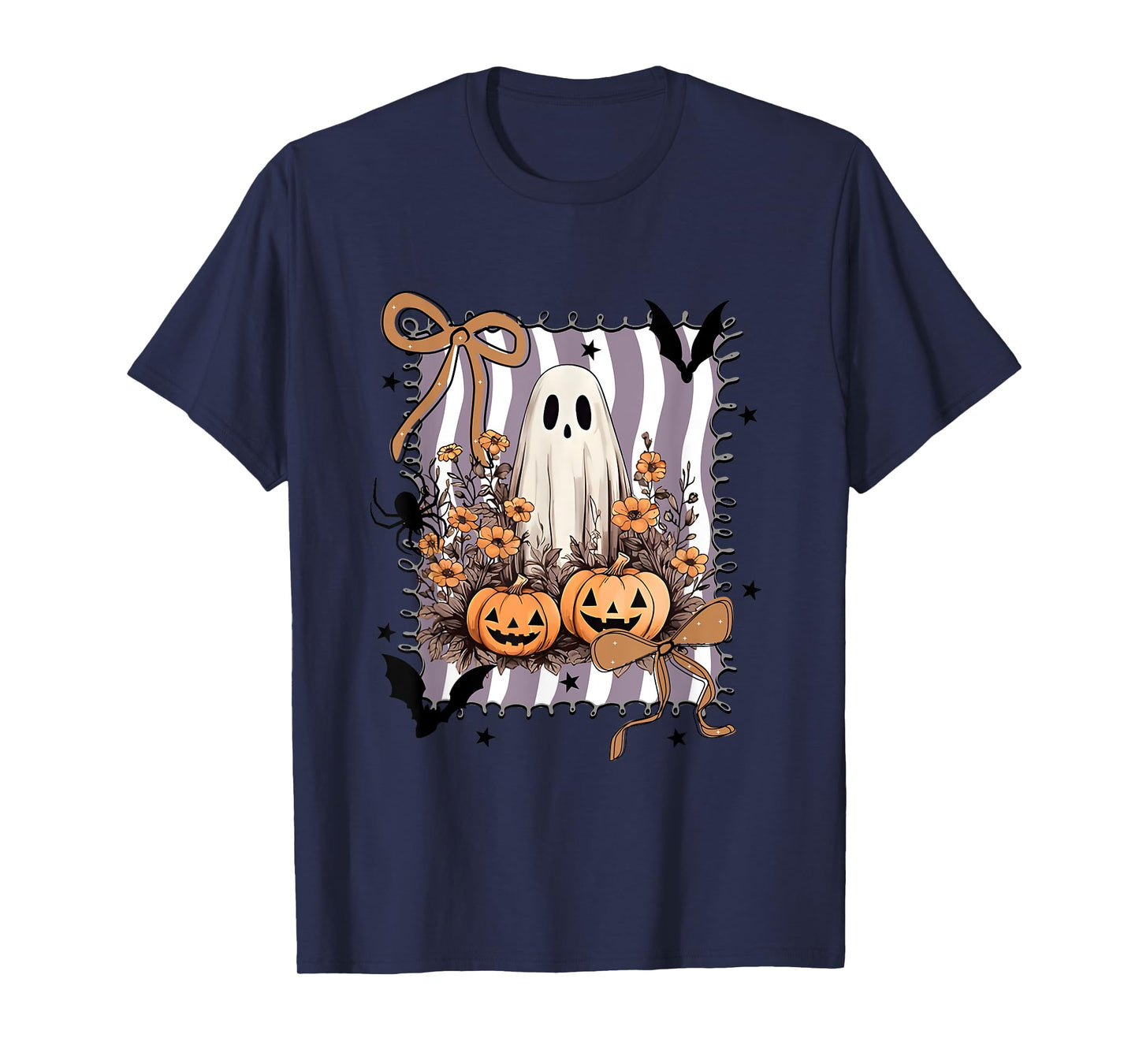 Preppy Floral Ghost Coquette Bow Spooky Season Halloween T-Shirt