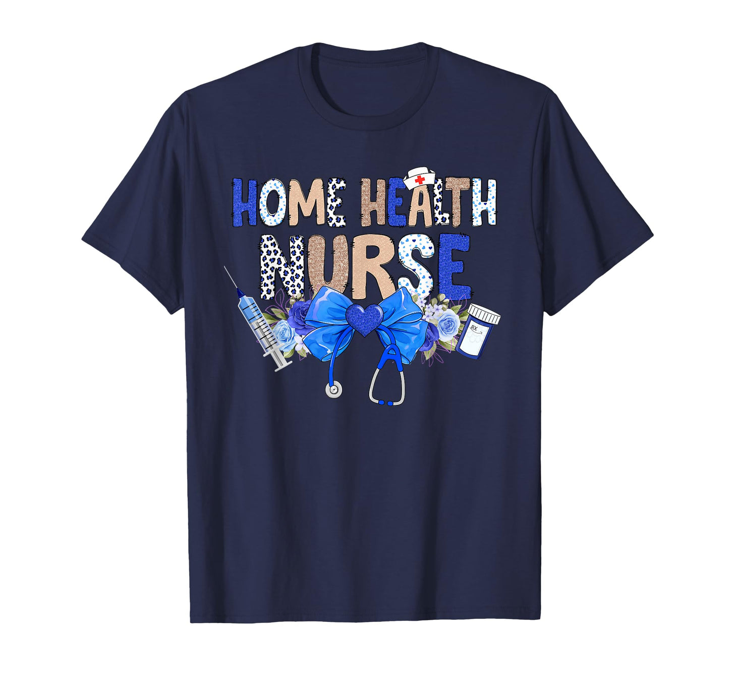Cute Coquette Home Health Nurse Blue Floral Stethoscope Bow T-Shirt