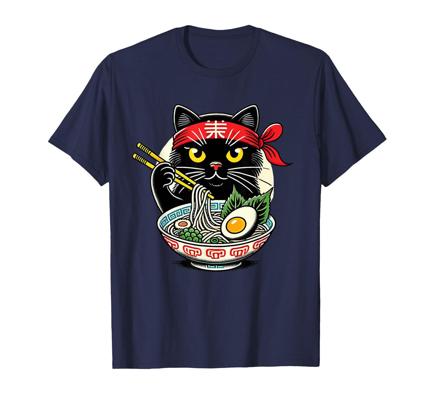 Cat Eating Ramen Noodles, Japanese Anime & Kawaii, Black Cat T-Shirt