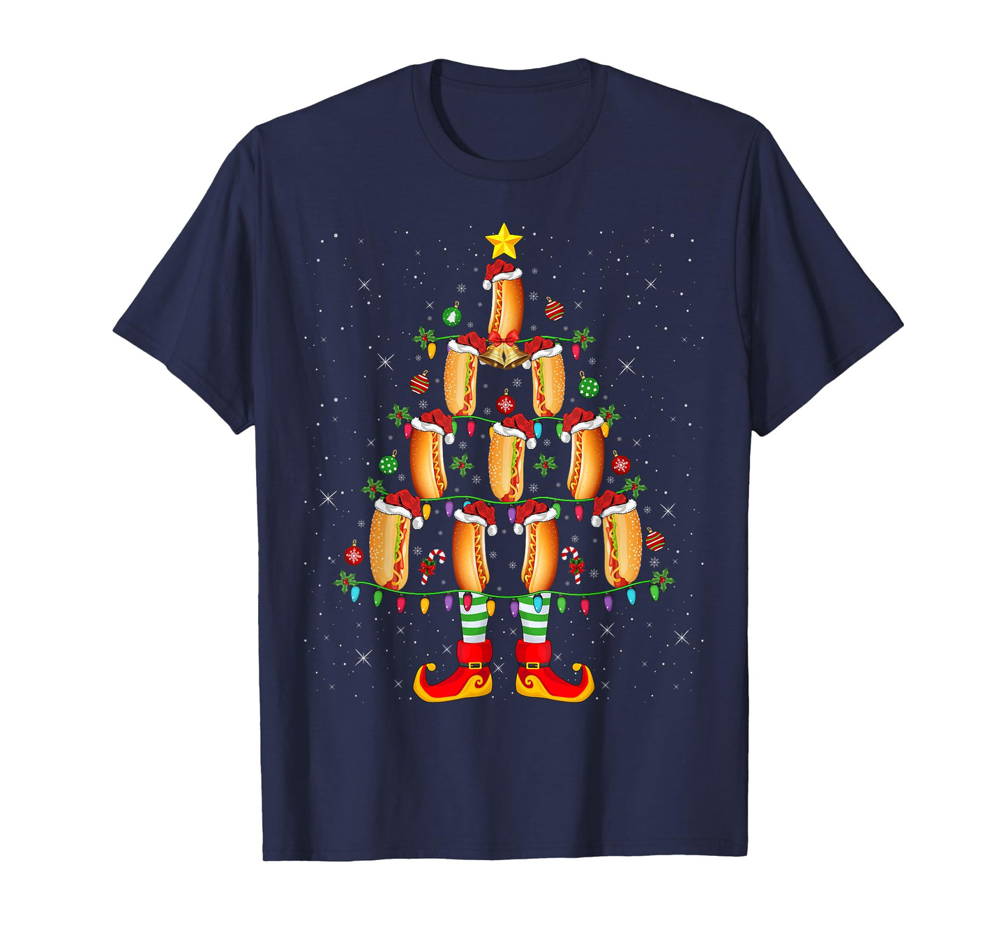 Hot Dog Lover Xmas Holiday Lighting Hot Dog Christmas Tree T-Shirt for Men Women Kids
