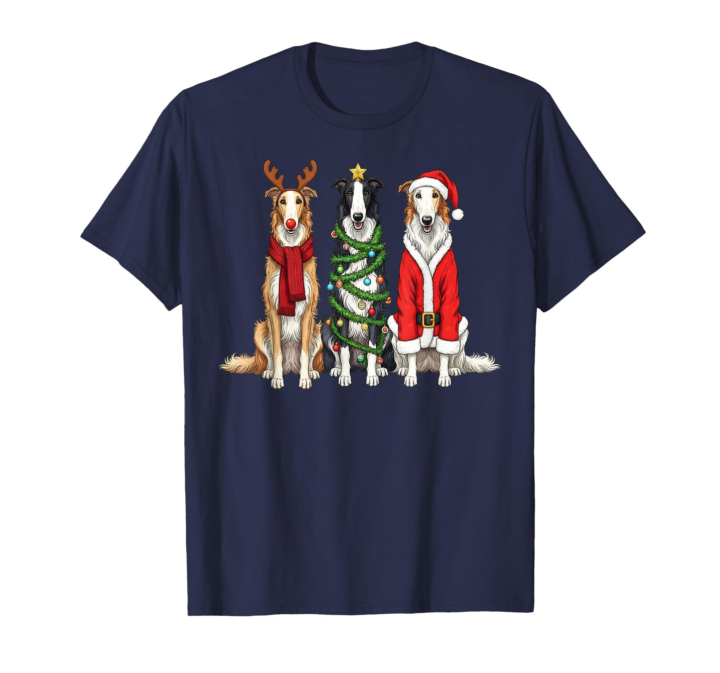Retro Christmas Borzoi Santa Reindeer Dog Lover T-Shirt