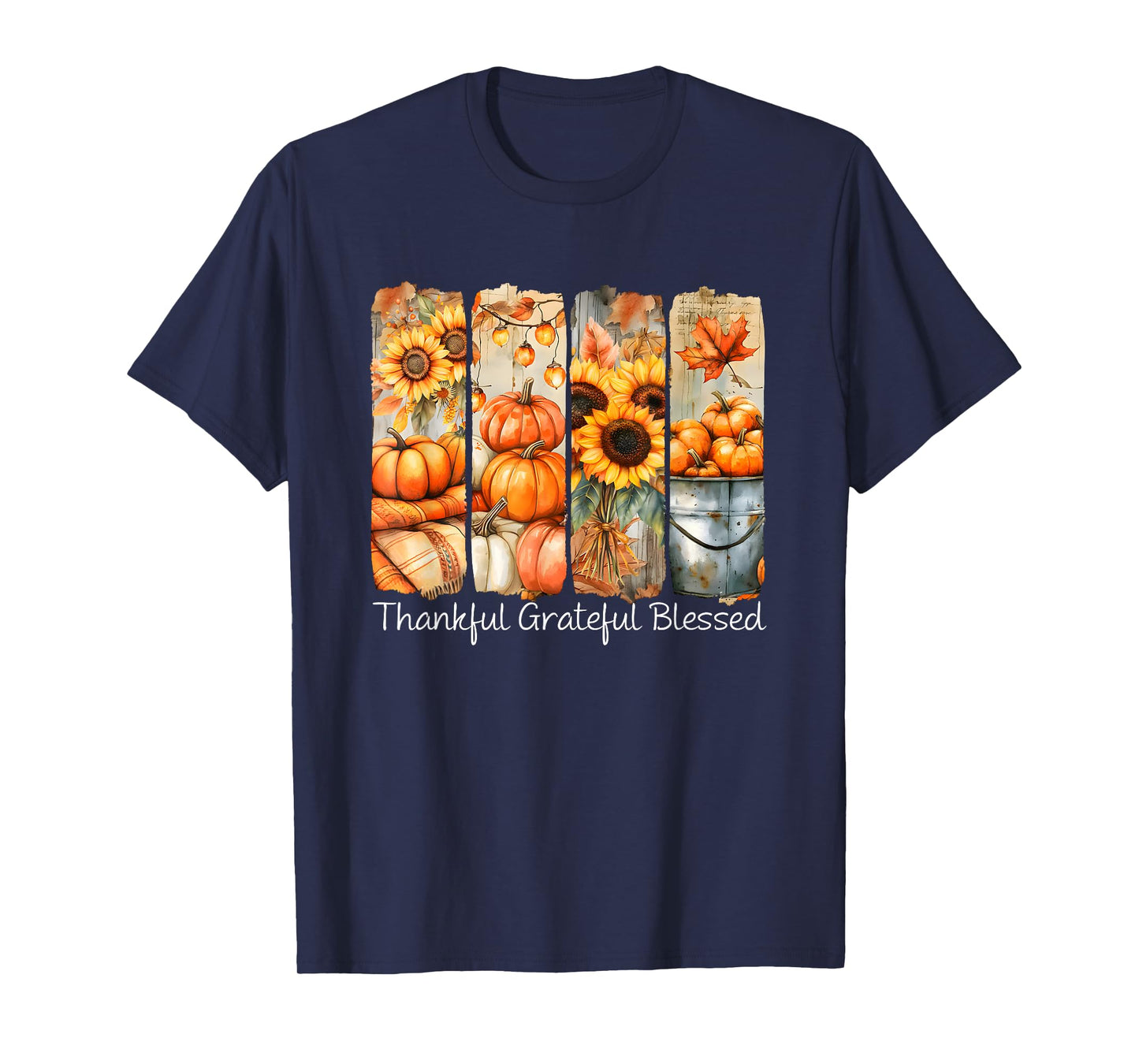 Thankful Grateful Blessed Fall Floral Pumpkin Thanksgiving T-Shirt