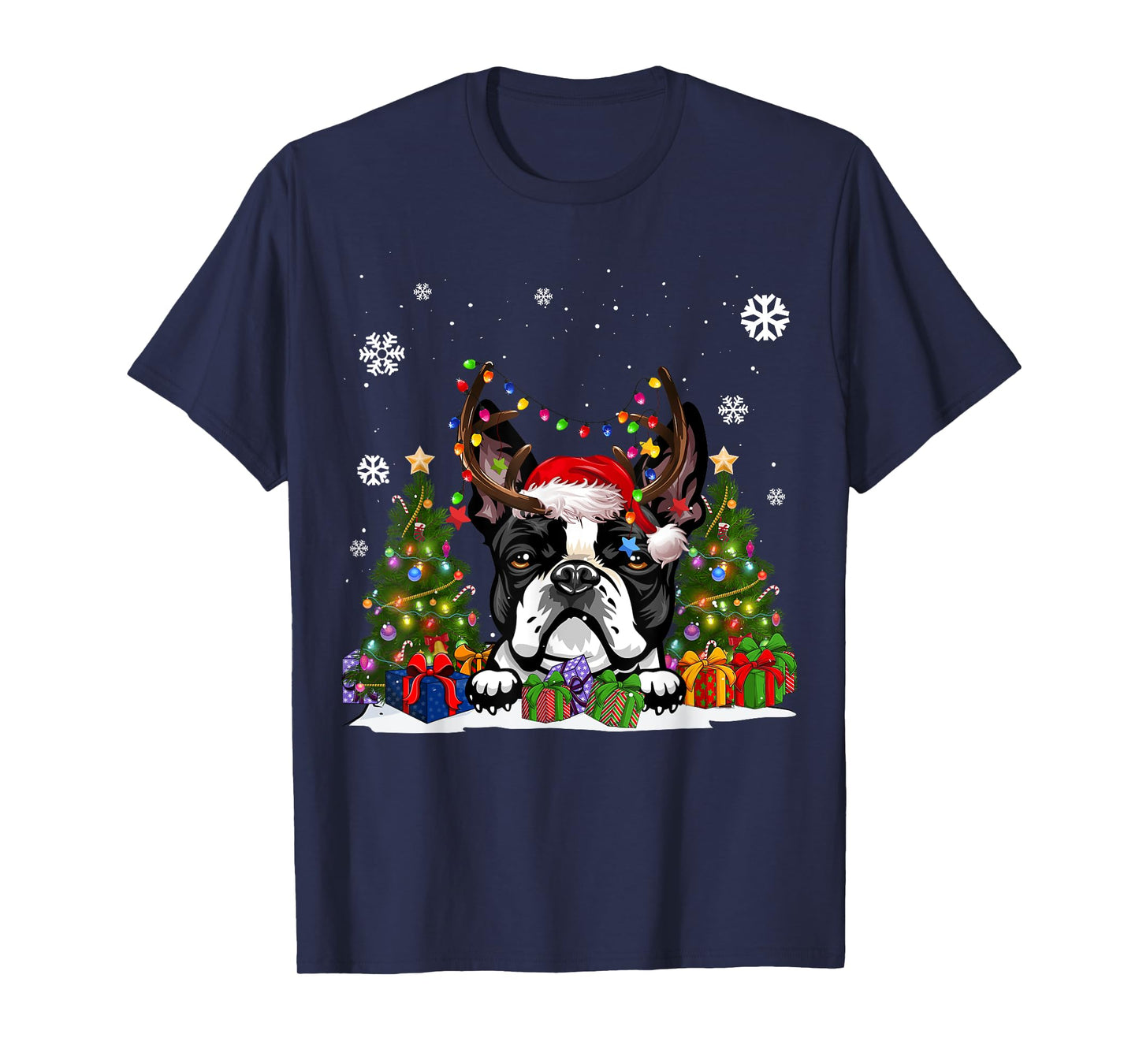 Funny Dog Boston Terrier Santa Hat Ugly Christmas Sweater T-Shirt for Men Women Kids