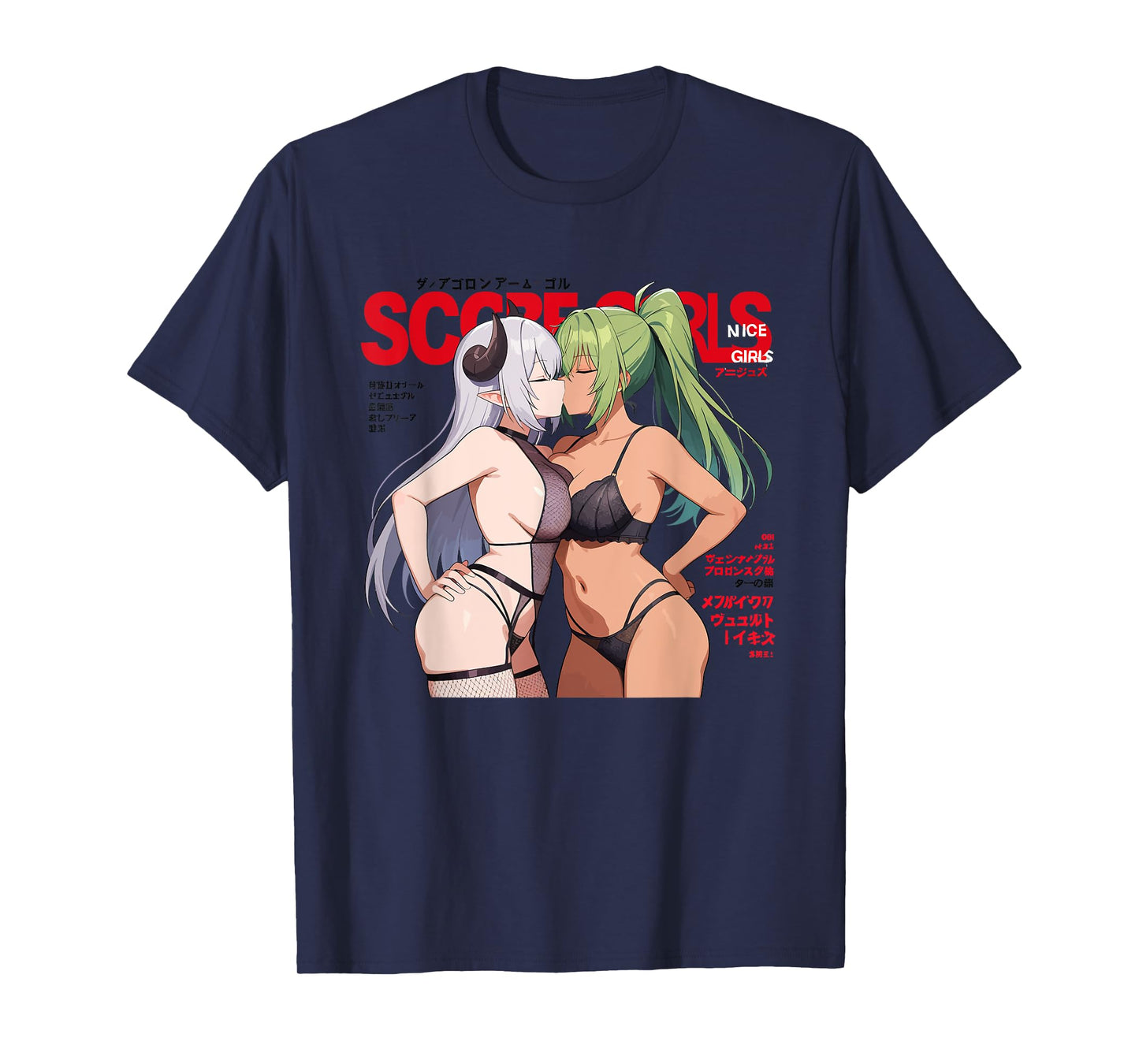Waifu Sexy Anime Kissing Girls Horns Japanese Manga Style T-Shirt