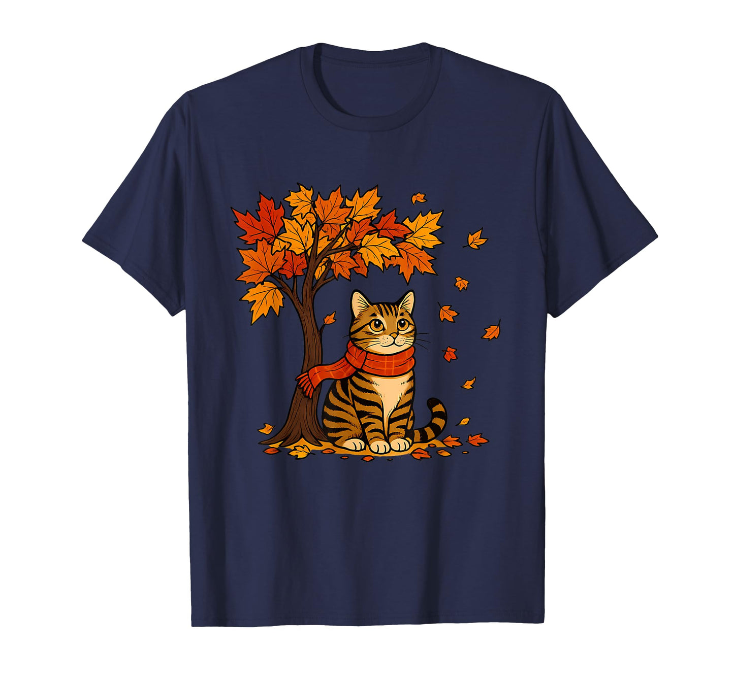 Autumn Cat Scarf Fall Vibes Falling Leave Tree Thanksgiving T-Shirt