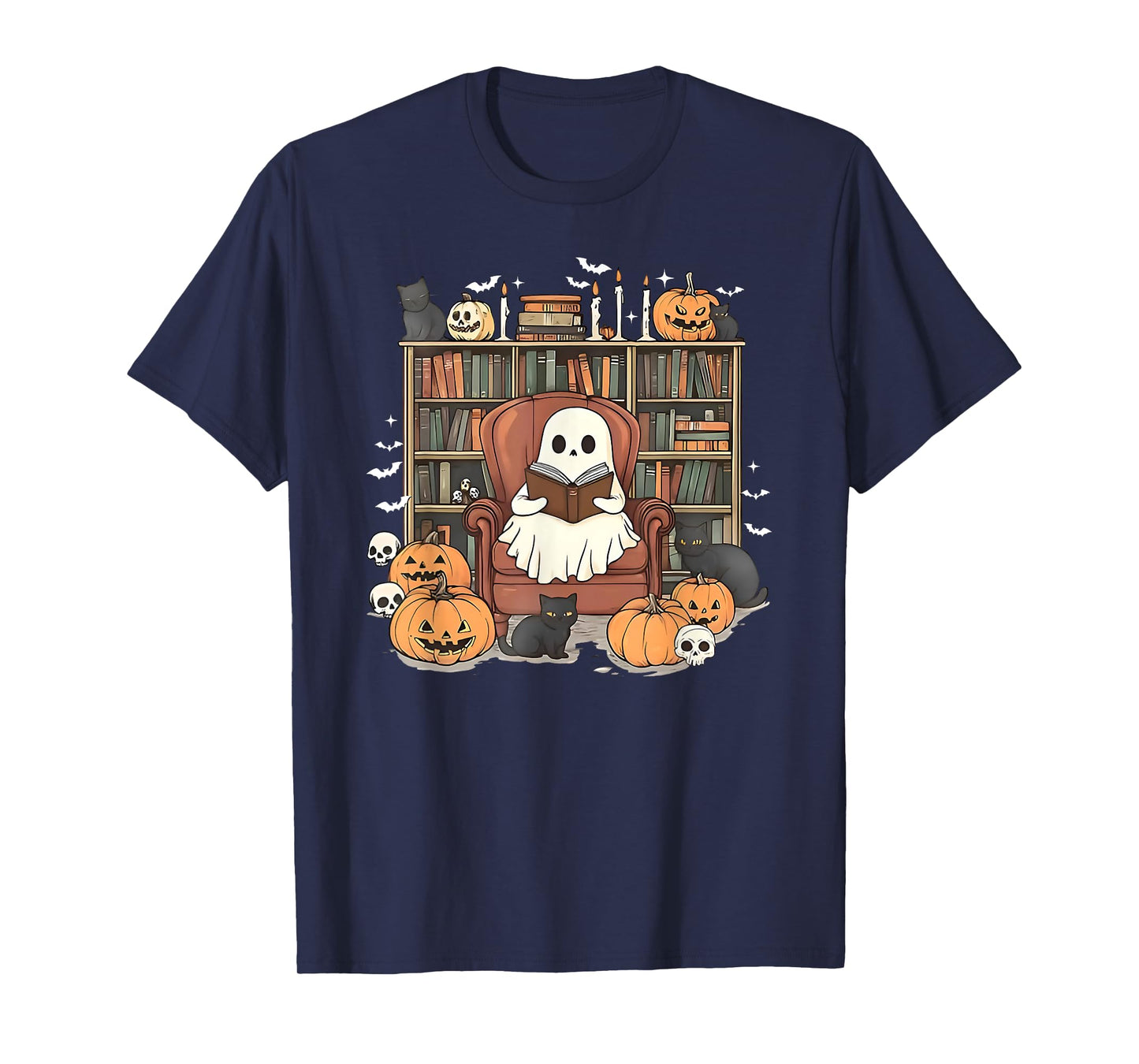 Ghost Library Halloween Book Reading Books Lover Teacher T-Shirt