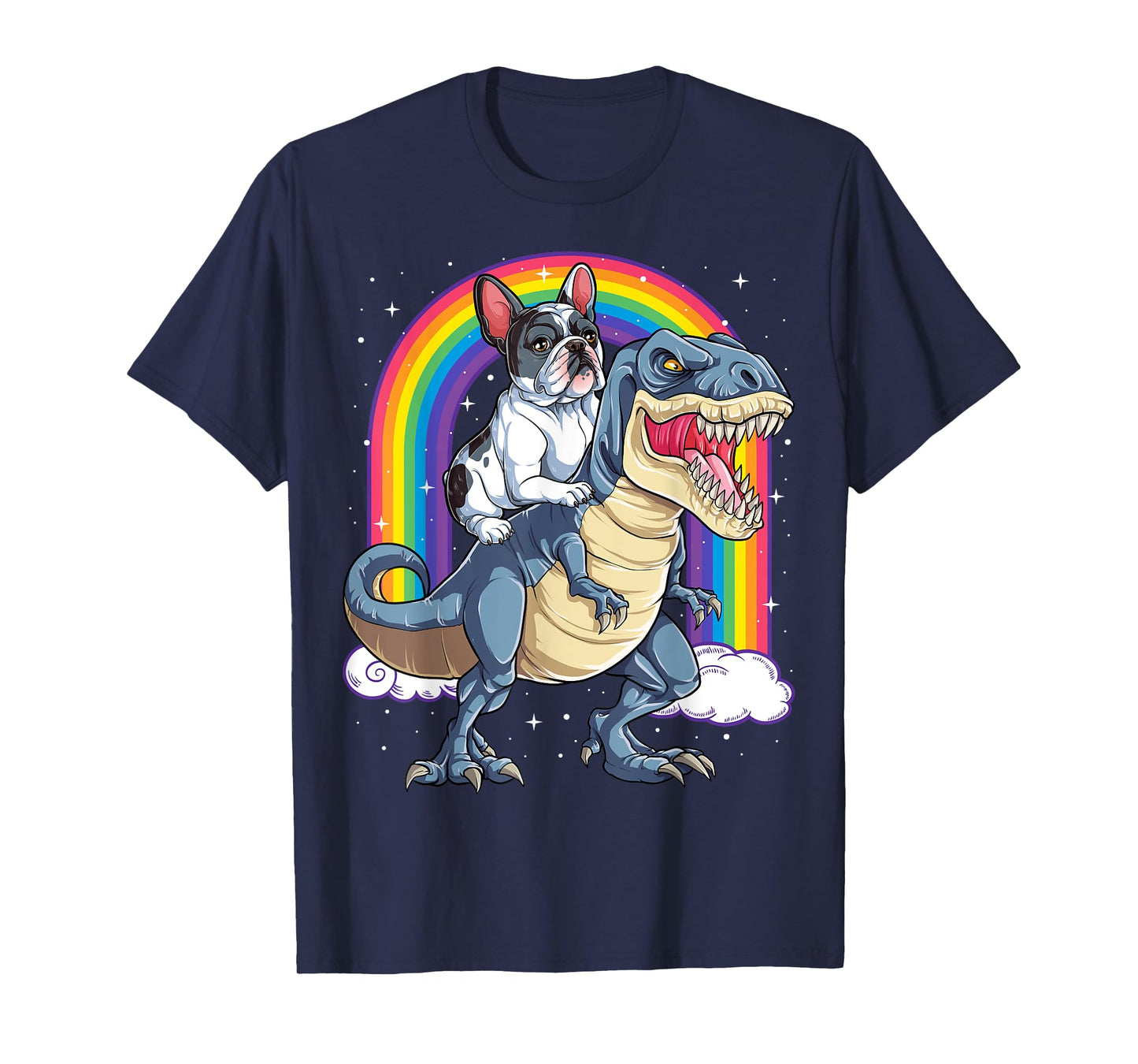 French Bulldog Riding Dinosaur T rex Gifts Boys Kids Rainbow T-Shirt