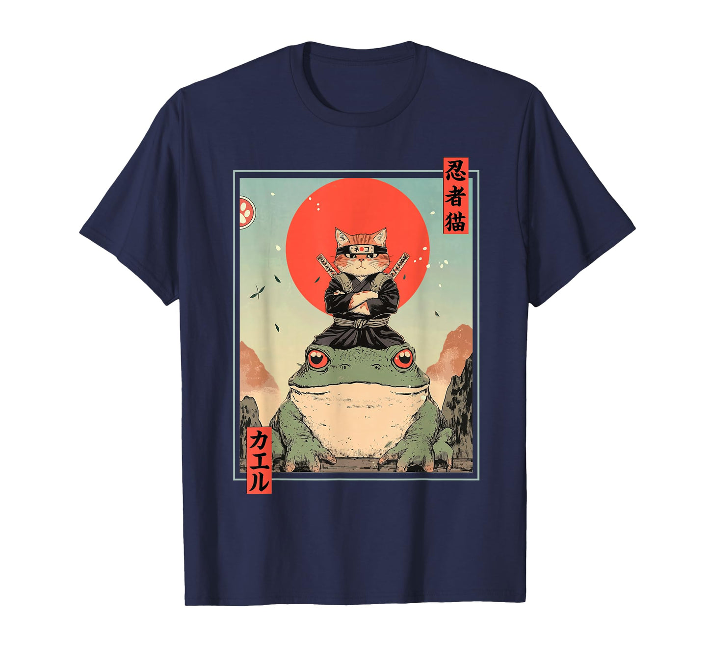Japanese Ninja Cat and Frog Retro Anime Style Graphic T-Shirt