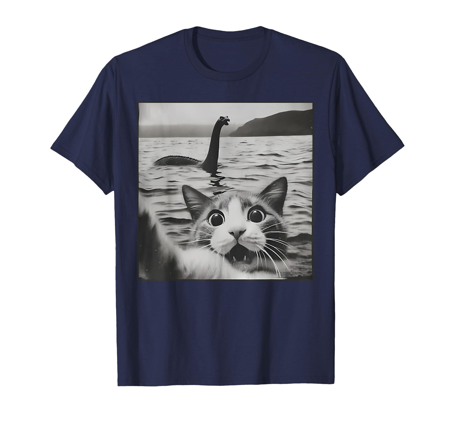 Cat Selfie With Loch Ness Monster Funny Cats Men Women Kids T-Shirt
