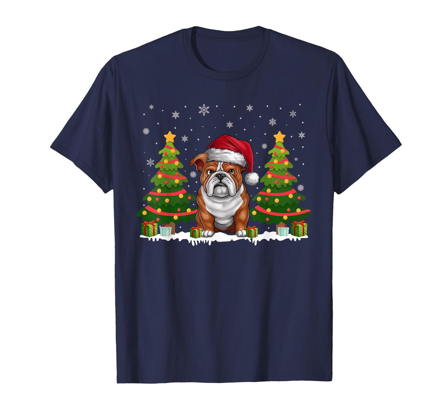 Xmas Tree Lights English Bulldog Santa Hat Christmas Sweater T-Shirt