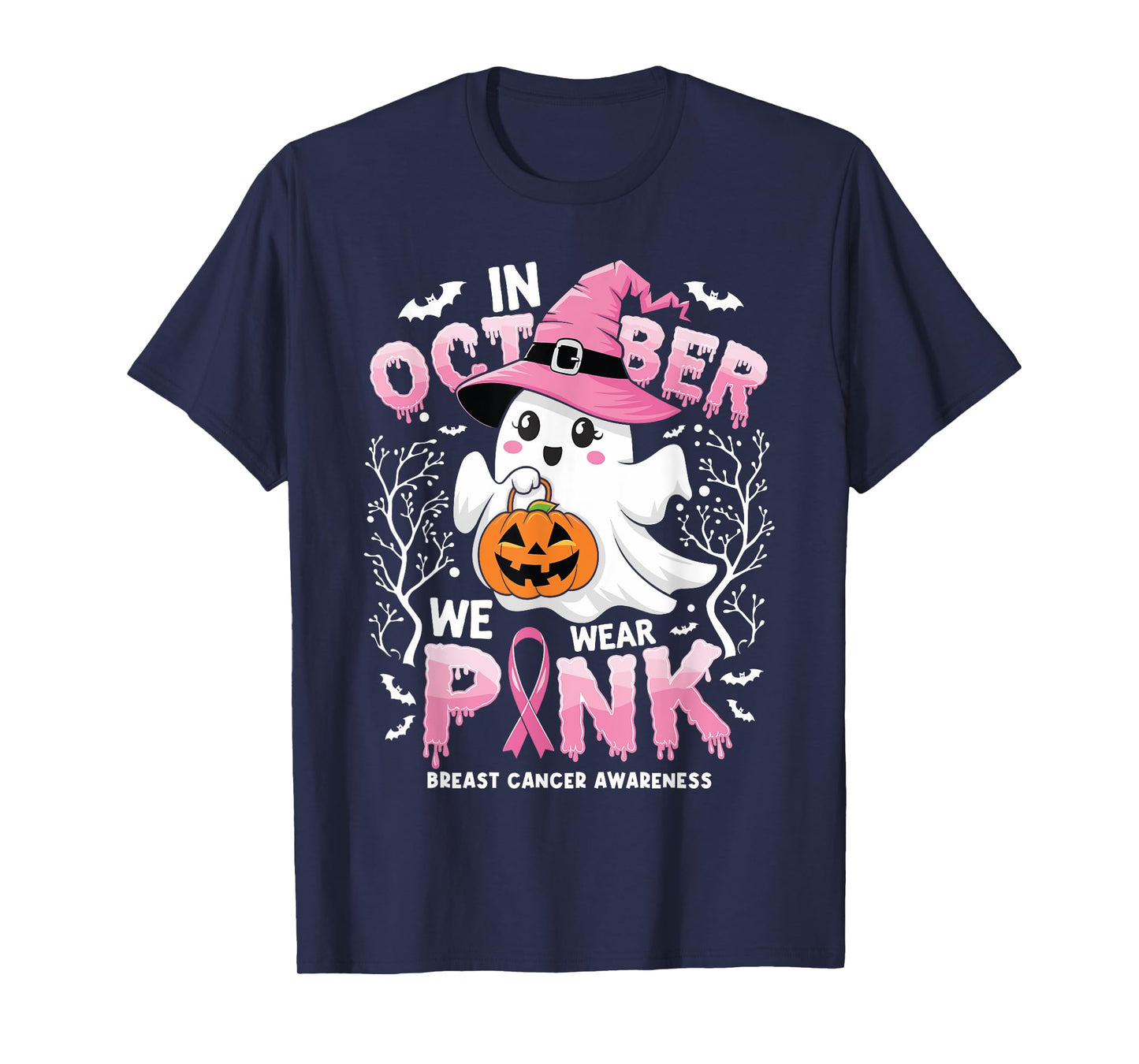 In October We Wear Pink Ghost Witch Breast Cancer Awareness T-Shirt