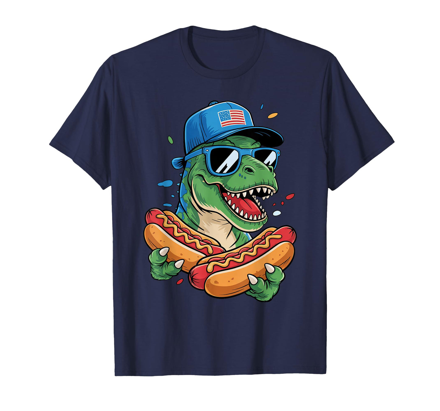 T Rex Wearing USA Hat Sunglasses Hotdog Independence Day T-Shirt