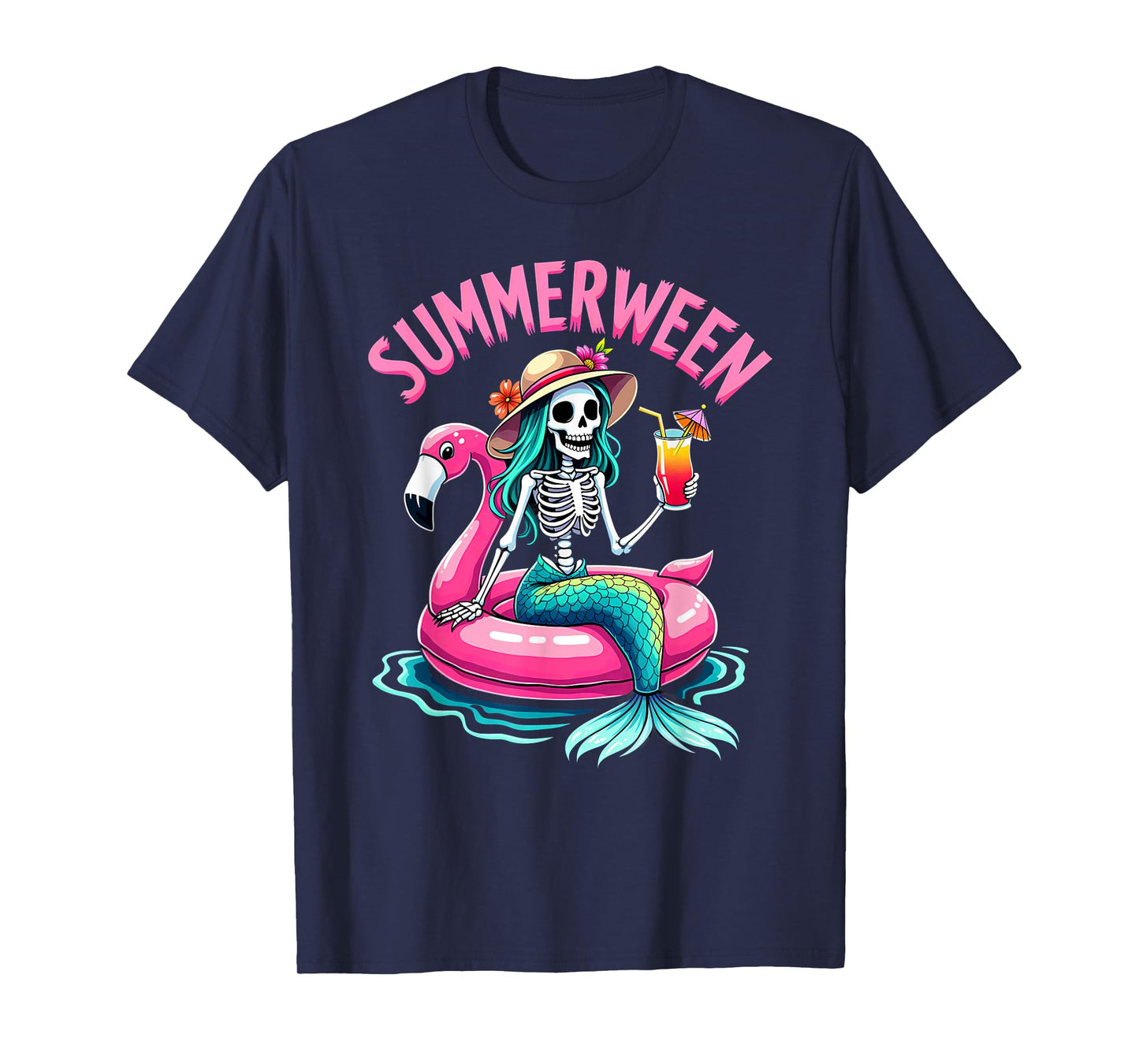 Summerween Mermaid Skeleton Beach Flamingo Halloween Girl T-Shirt