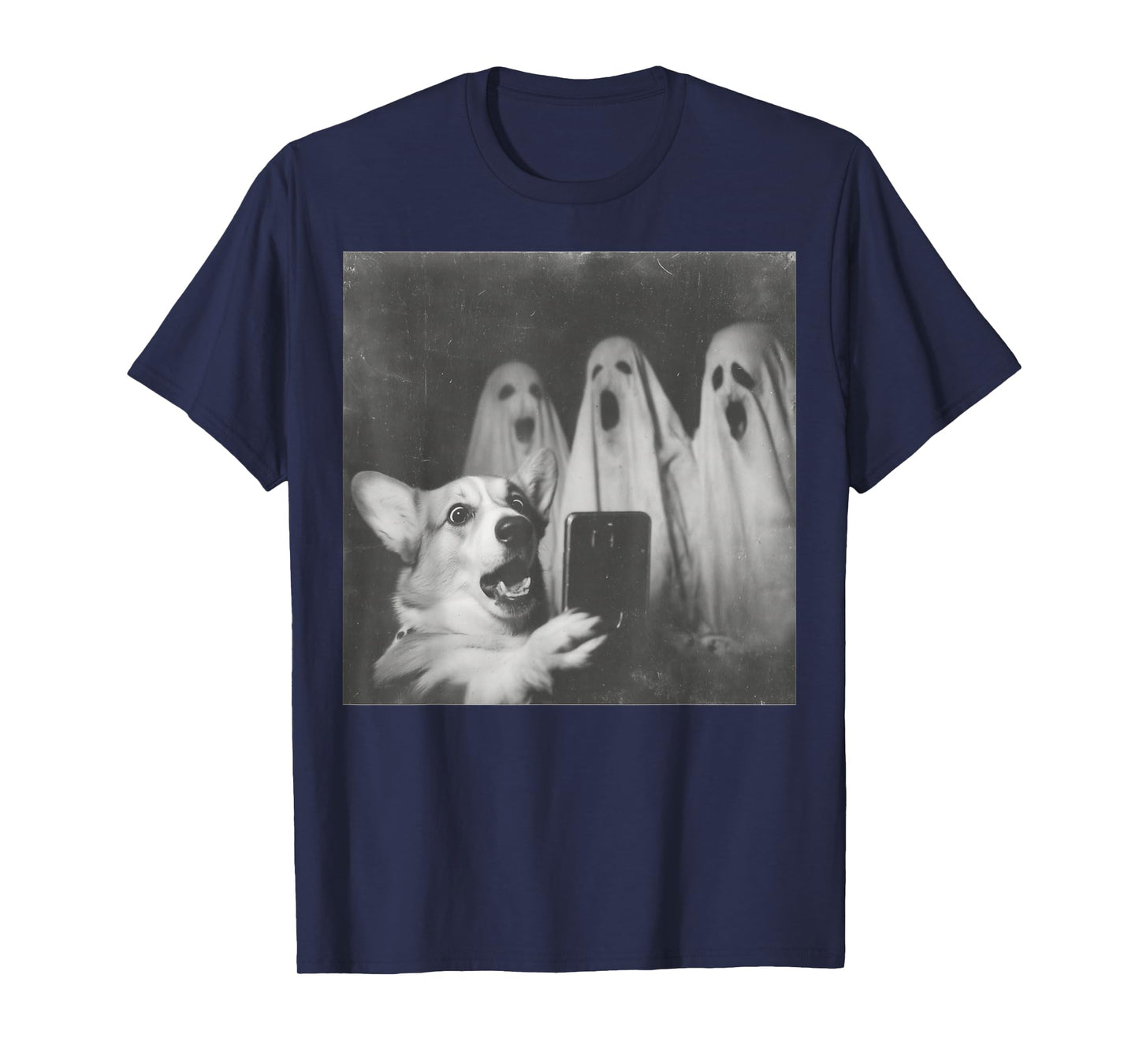 Funny Corgi Selfie with Ghosts, Retro Halloween Design T-Shirt