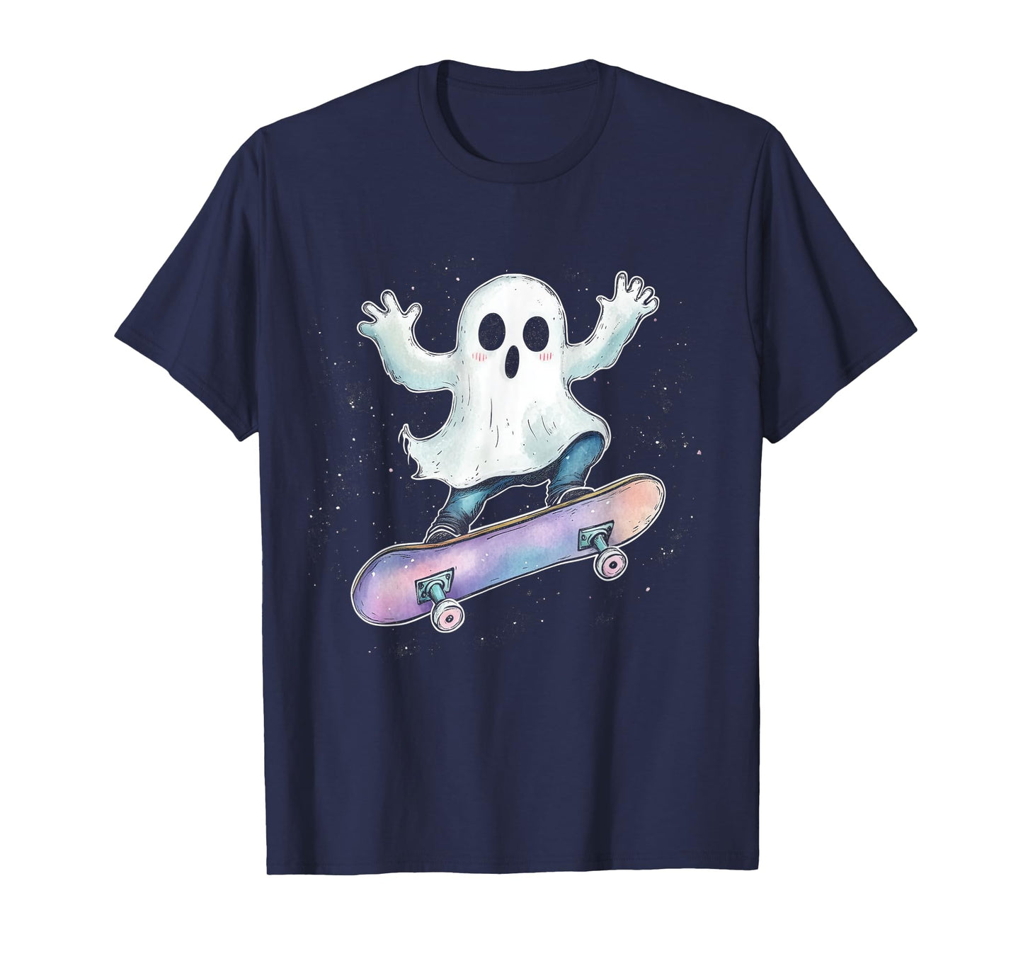 Cute Ghost On Skateboard Funny Halloween Skater T-Shirt
