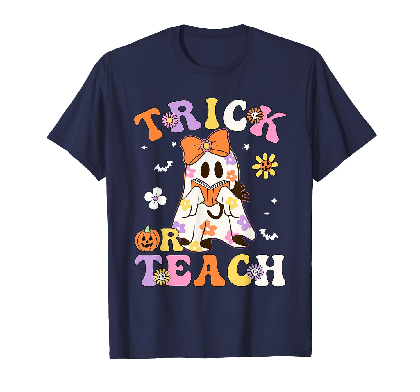 Trick or Teach Groovy Halloween Floral Ghost Teacher T-Shirt