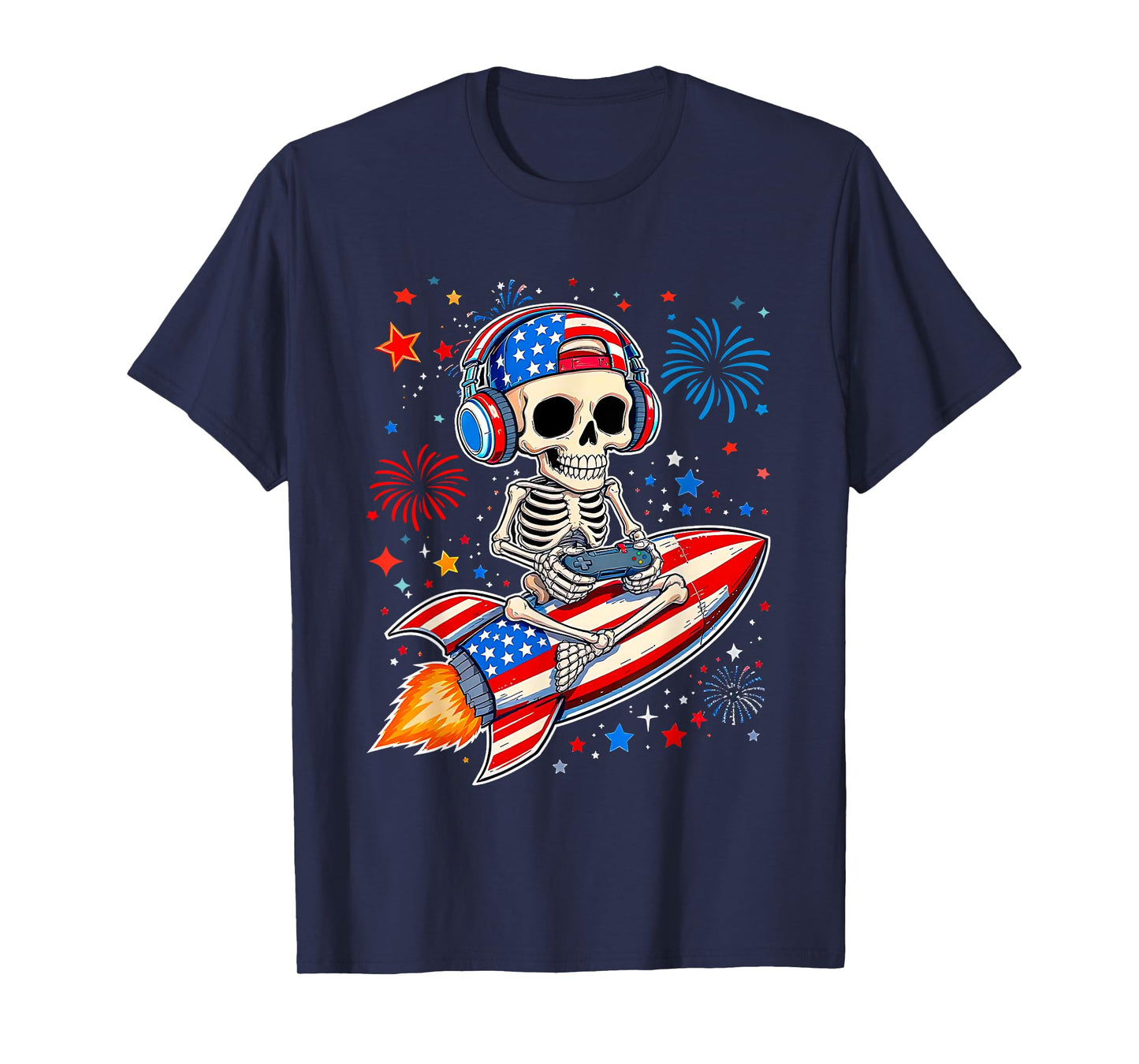Skeleton Gamer 4th of July American Flag Gaming Boys Kids T-Shirt