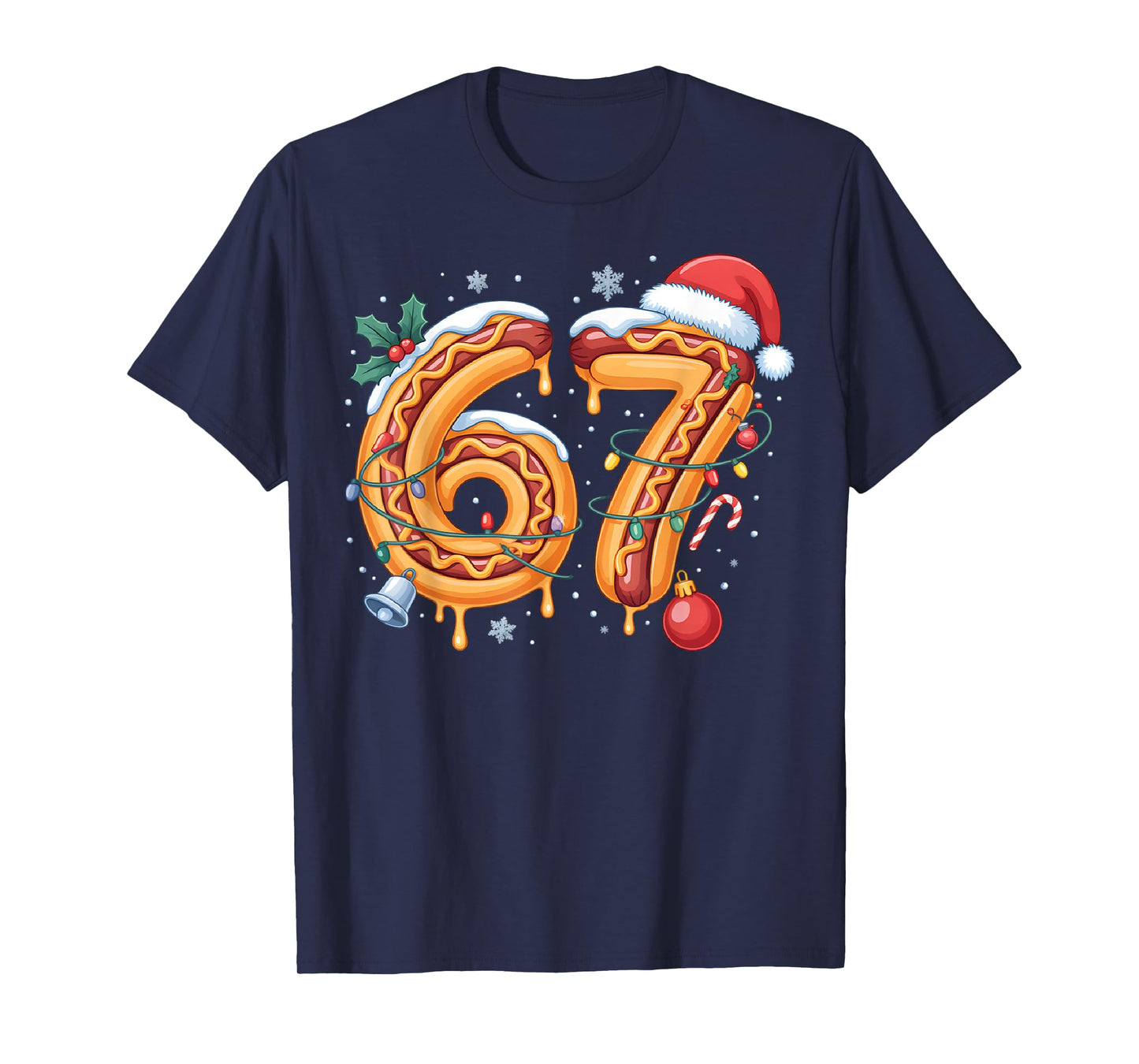 67 Hot Dog Christmas Lights Santa Hat Funny Six Seven Meme T-Shirt