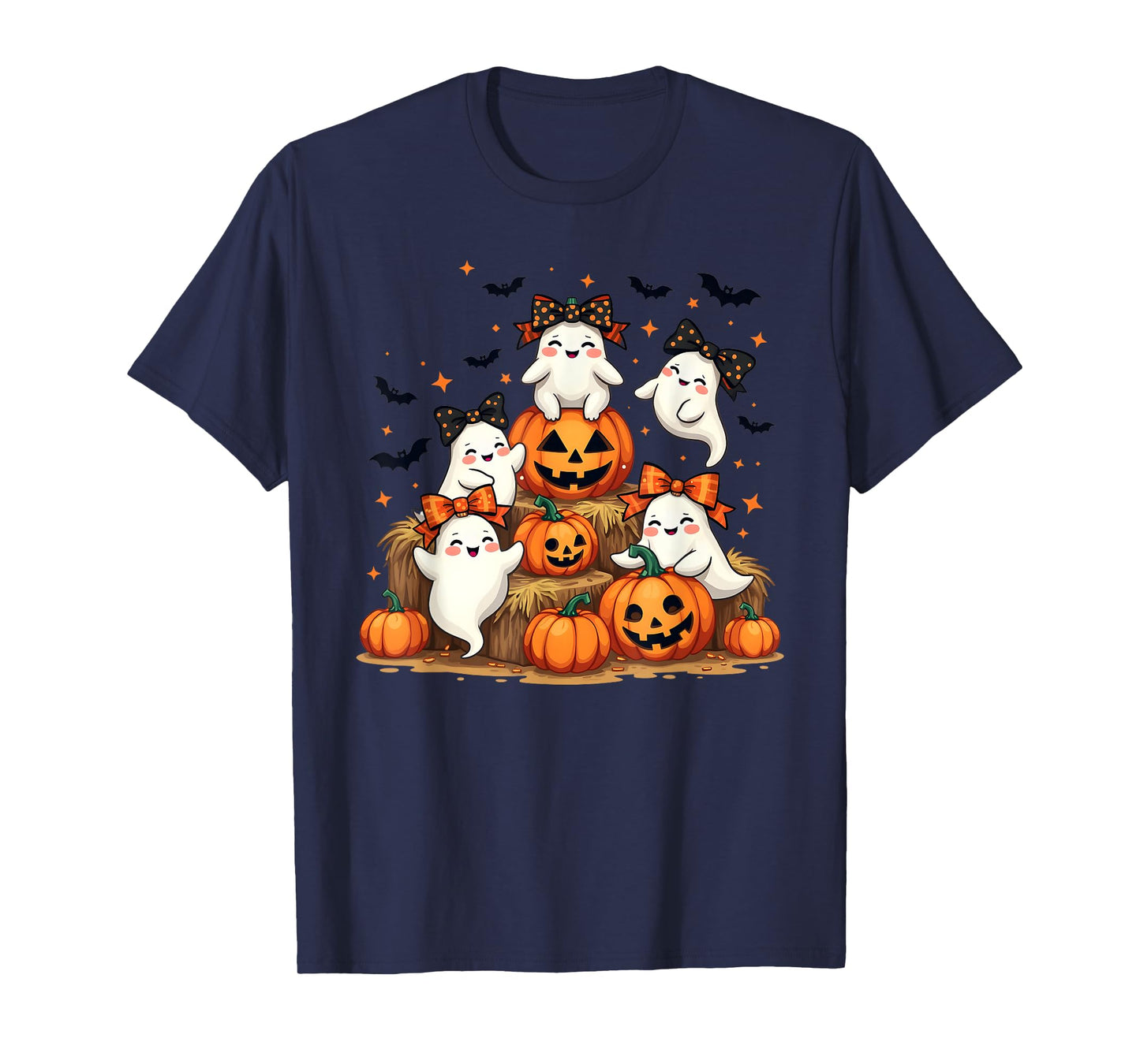 Cute Ghosts in Coquette Bows, with Bats and Pumpkins T-Shirt