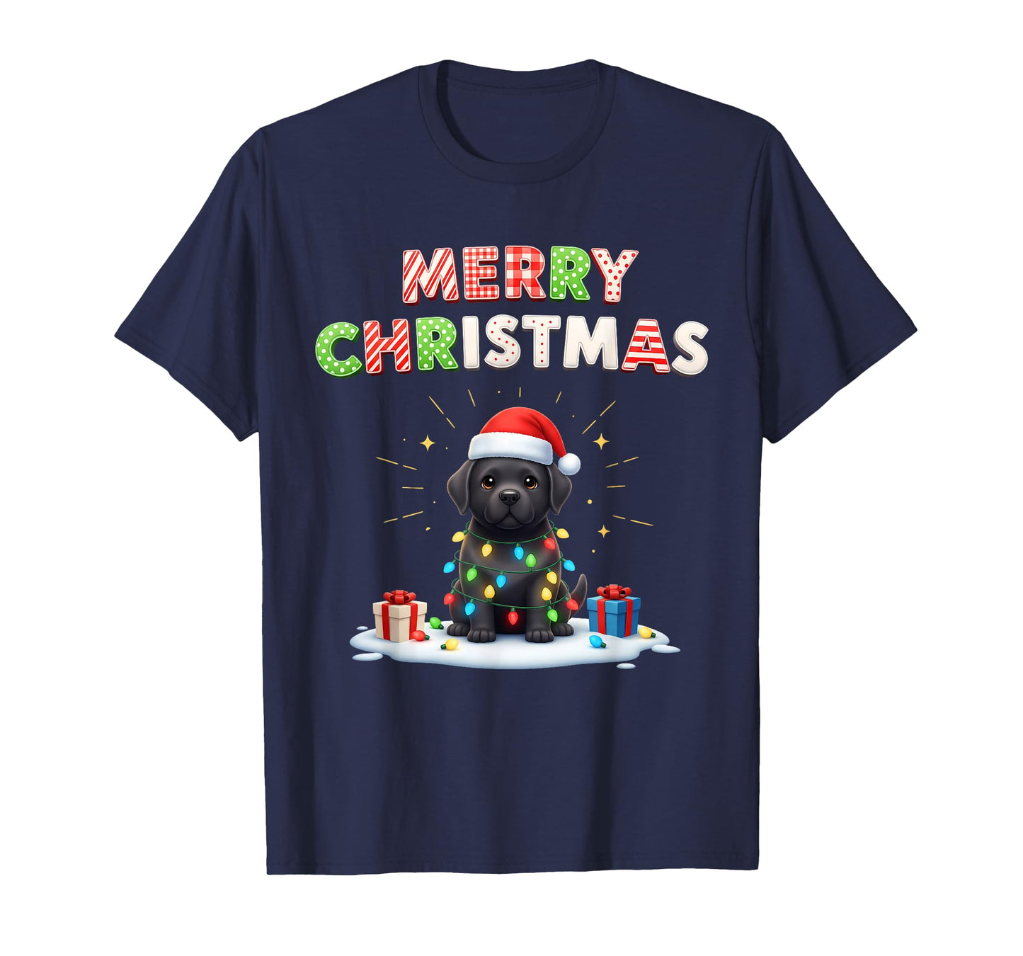 Black Lab Labrador Puppy Christmas Lights Cute Pajama Xmas T-Shirt
