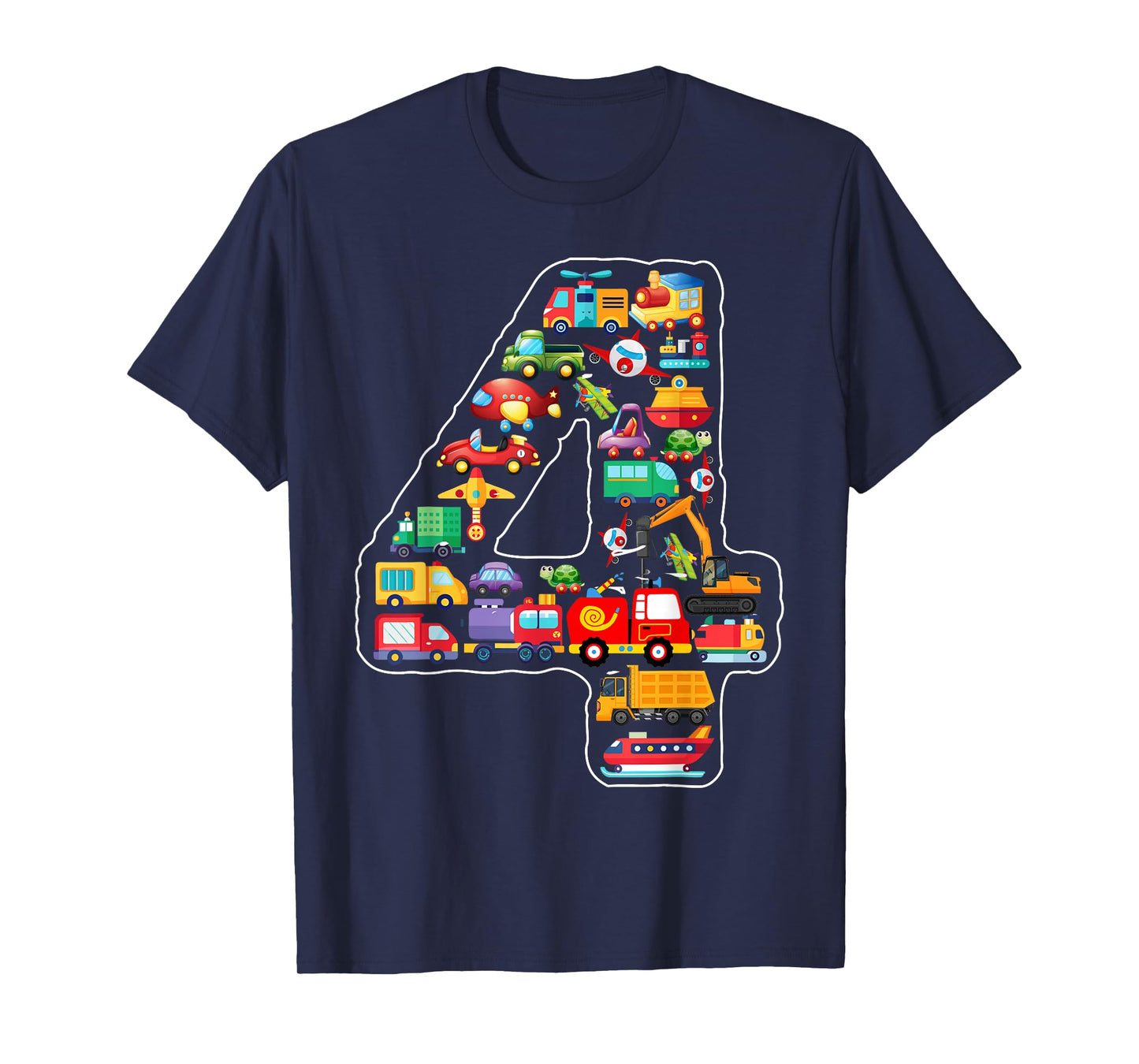 Kids 4th Birthday For Boys Cars Vehicles Fire Truck Airplane T-Shirt