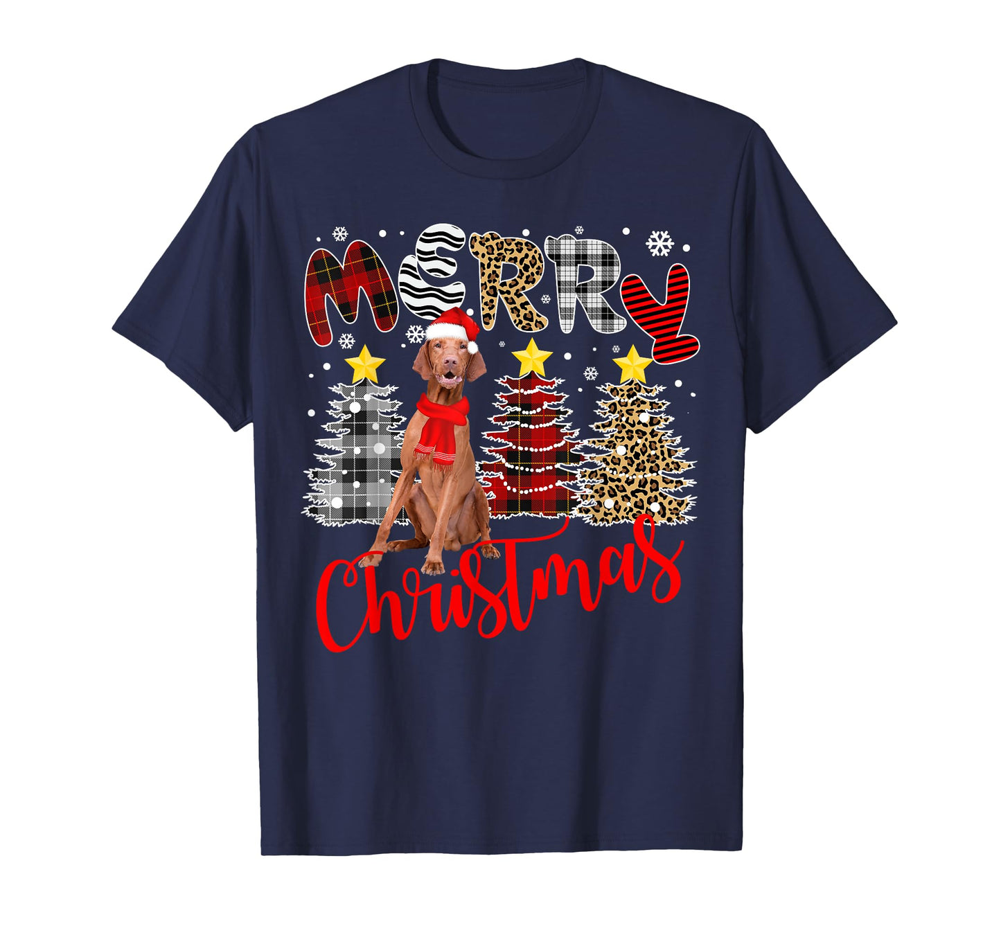 Vizsla Merry Christmas Tree Leopard Plaid Printed T-Shirt