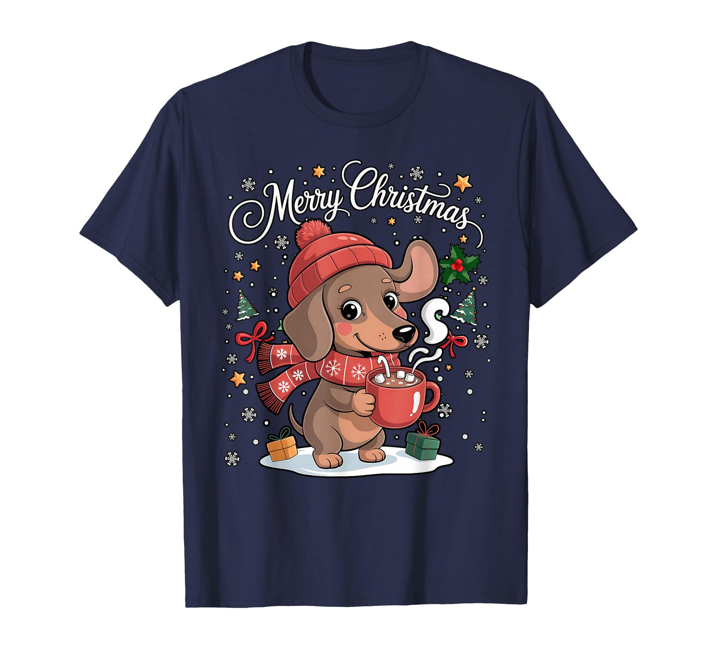 Cute Dachshund Dog Drink Hot Cocoa Christmas Xmas Women Men T-Shirt