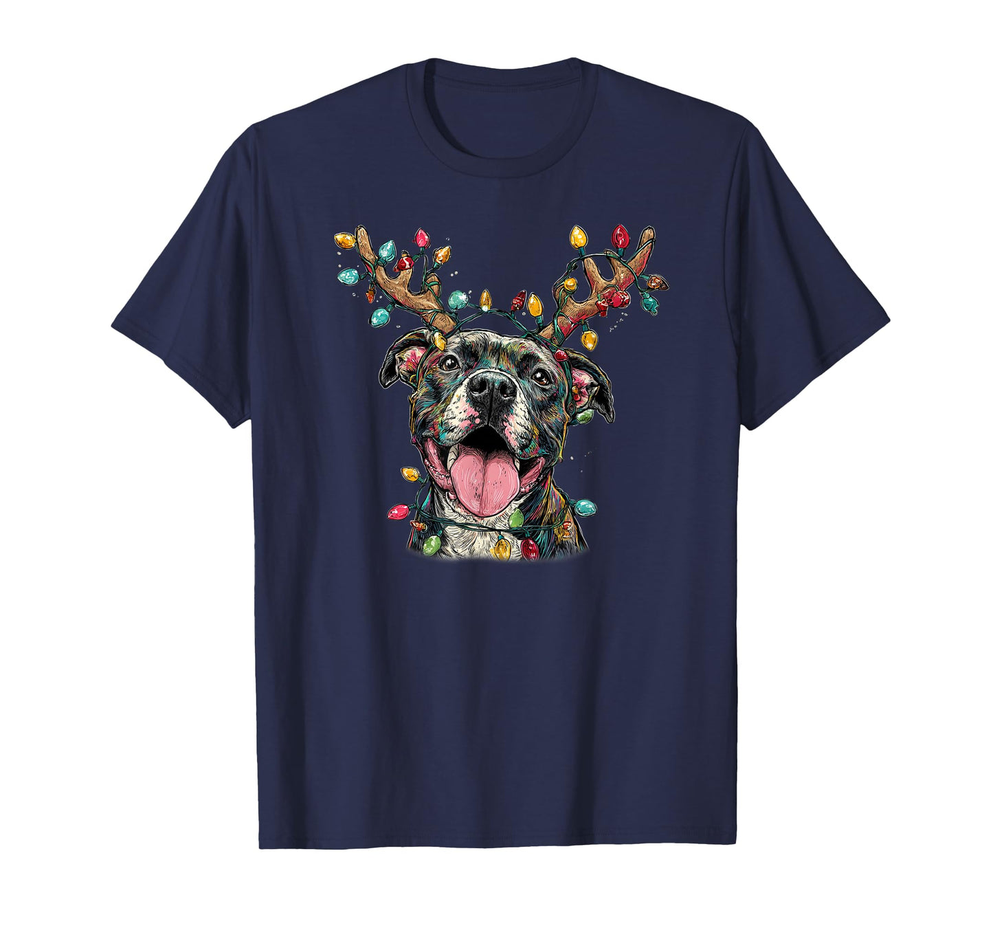 Santa Pitbull Reindeer Light Christmas T-Shirt