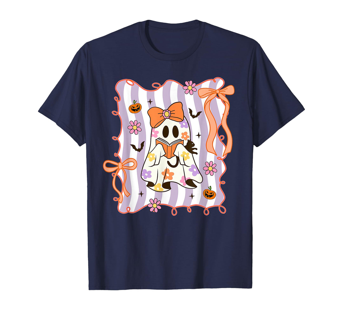Preppy Coquette Bow Ghost Reading Books Halloween Book T-Shirt