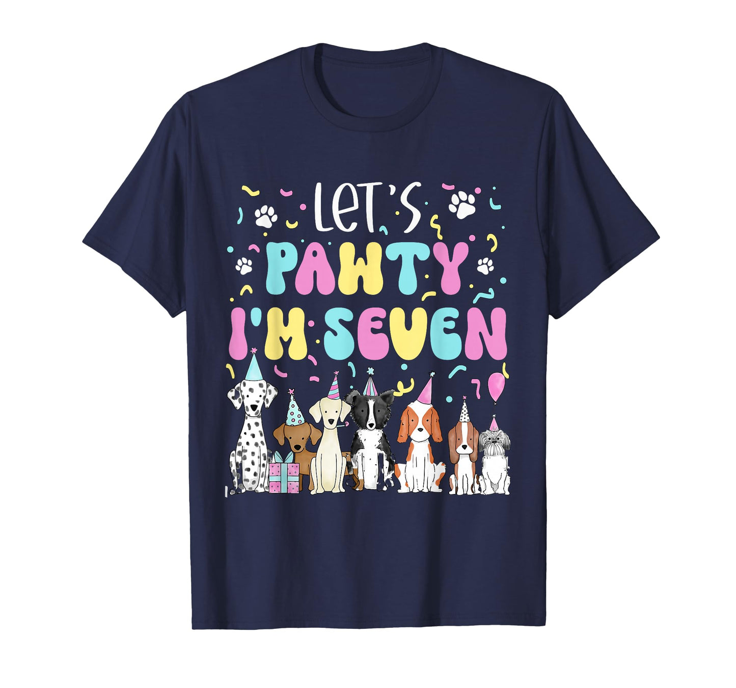 Kids Lets Pawty I'm Seven Pet Puppy Dog Theme Birthday Party T-Shirt