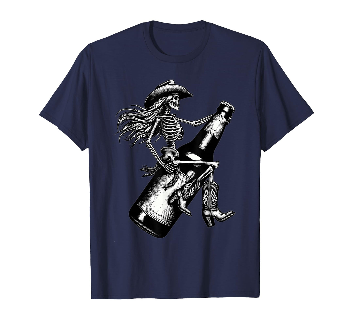 Skeleton Gothic Cowgirl Cowboy Hat Rodeo Beer Western Skull T-Shirt