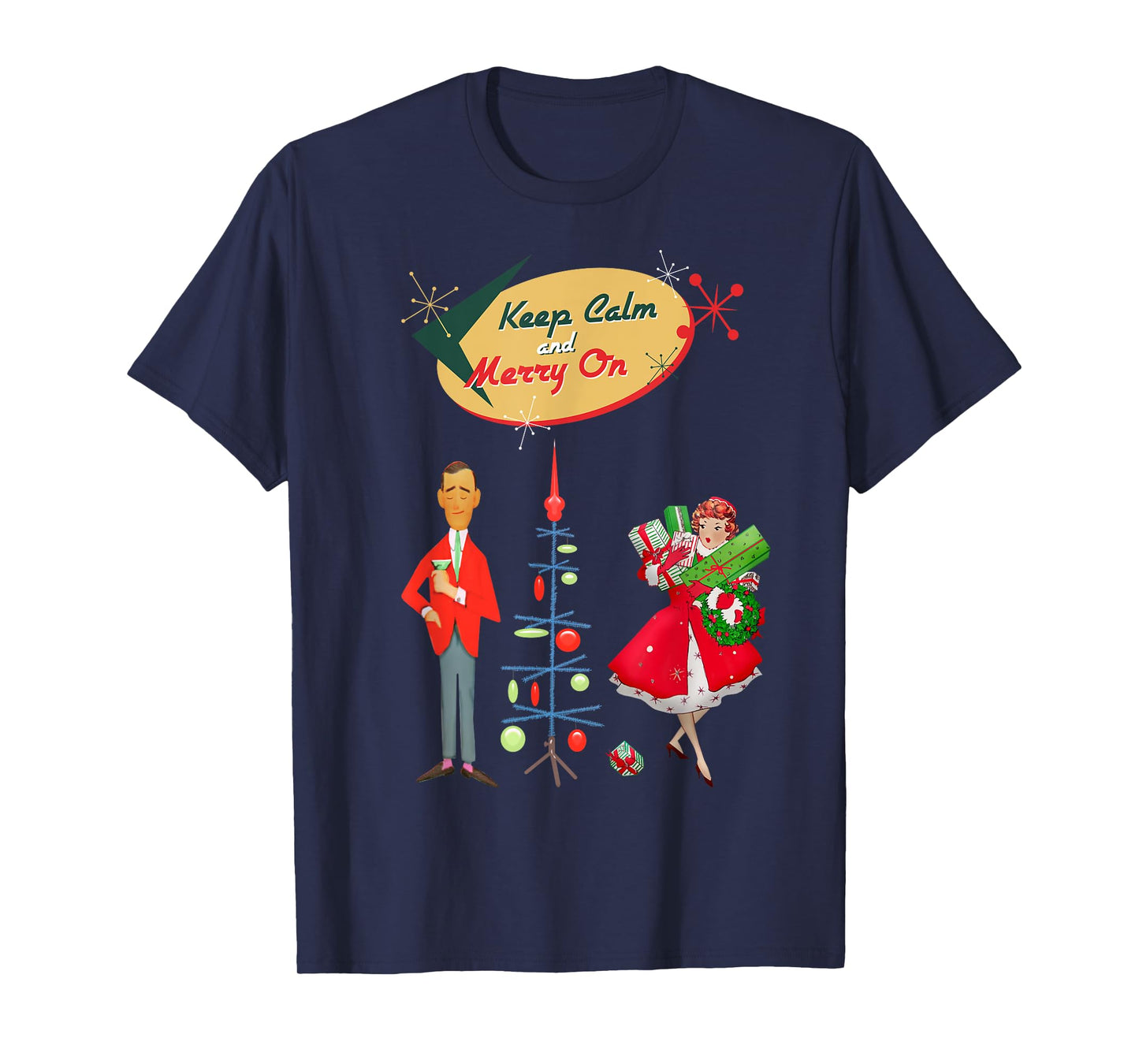 Retro Mid Century Christmas Keep Calm and Merry On Funny T-Shirt