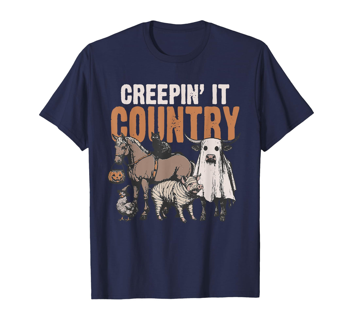Creepin' It Country Halloween Farm Animal Cow Black Cat Pig T-Shirt