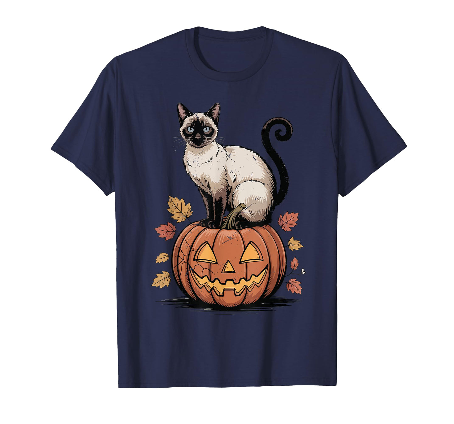 Vintage Siamese Cat Pumpkin Halloween Women Funny Mom Dad T-Shirt