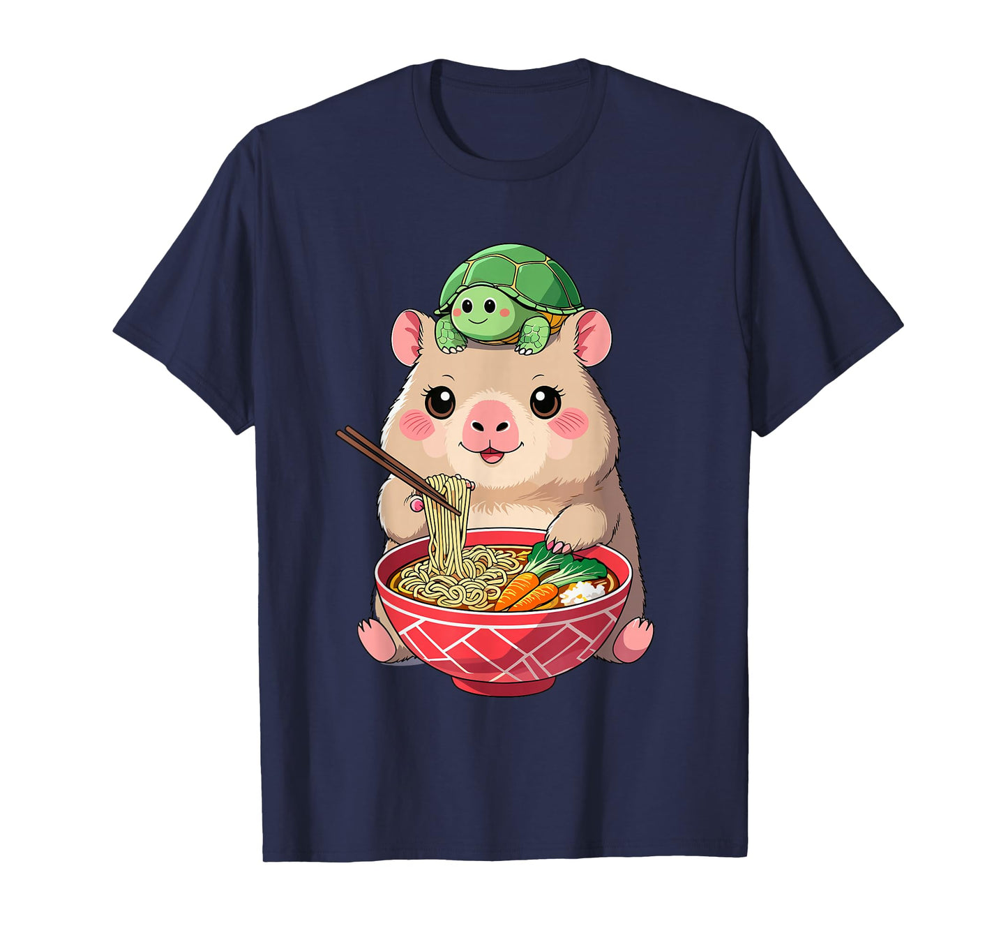 Cute Kawaii Capybara Eating Noodles with Turtle on Head T-Shirt
