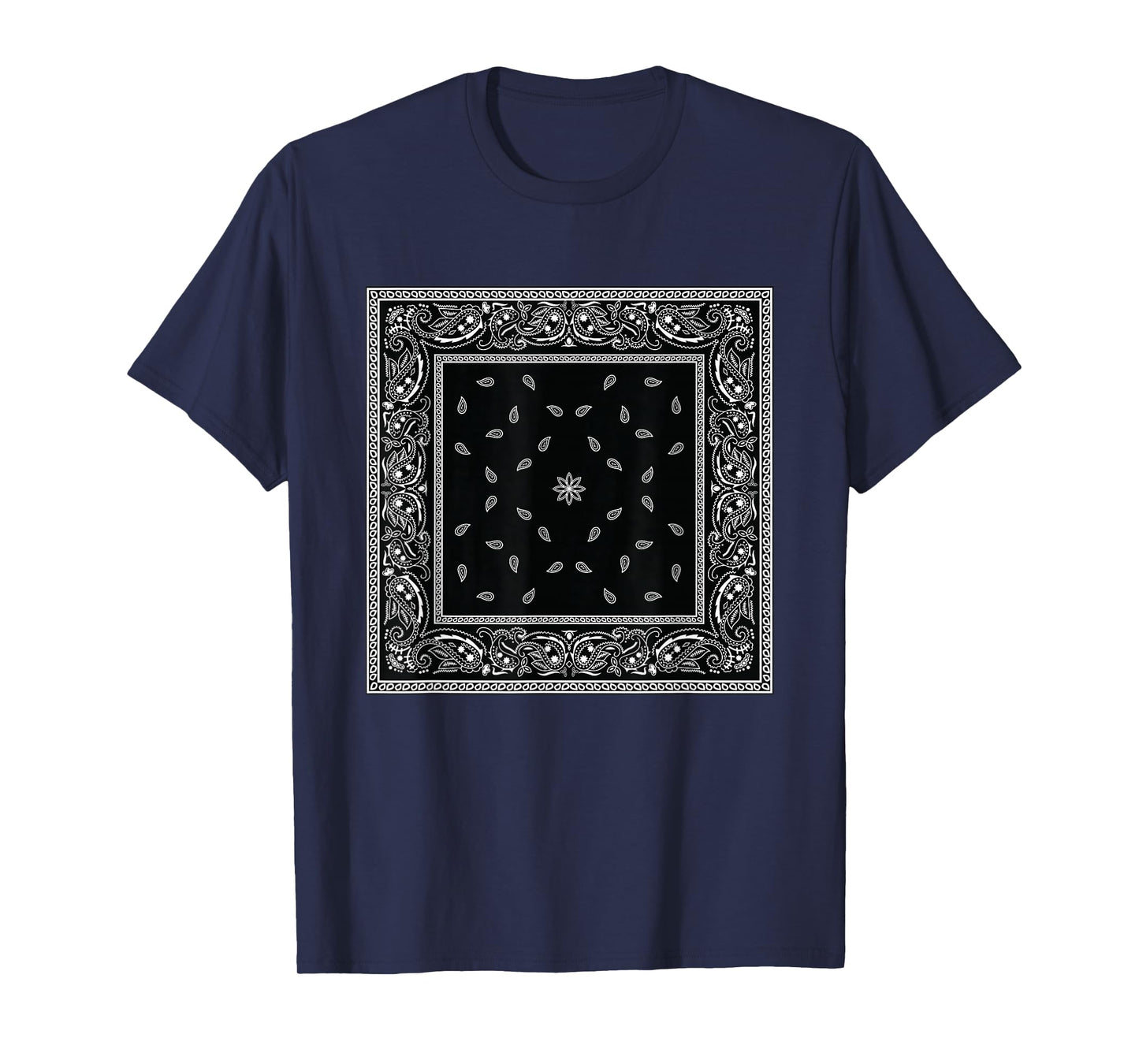 Men's Black White Bandana Print Tee Black Paisley Pattern T-Shirt