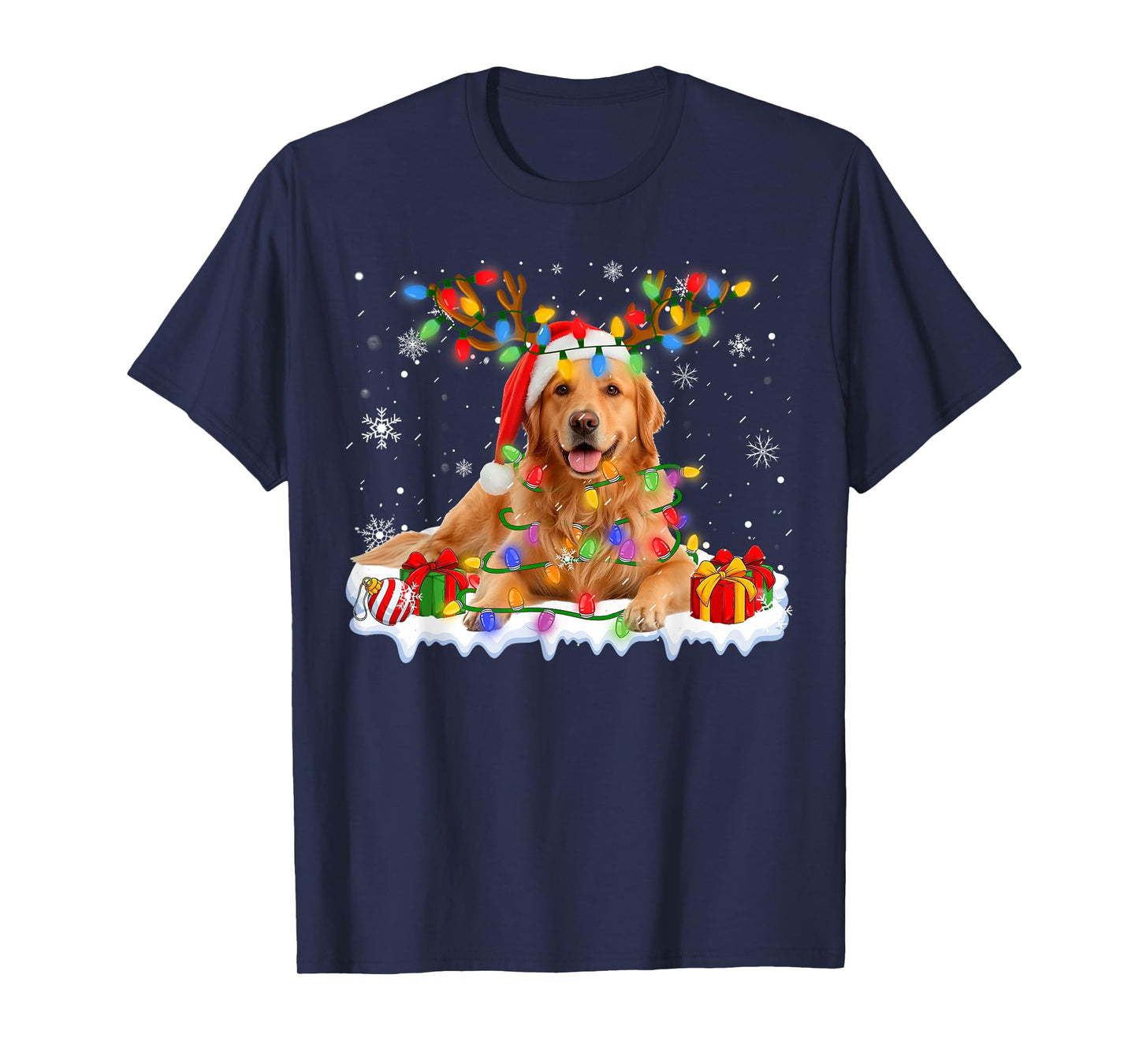 Funny Golden Retriever Christmas Santa Hat Reindeer Lights T-Shirt