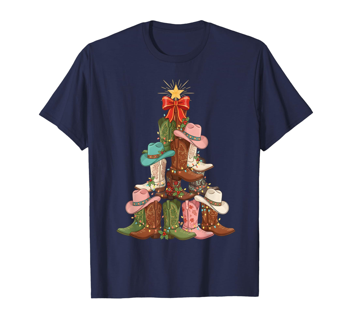 Howdy Christmas Tree Western Cowgirl Boots Xmas Lights T-Shirt