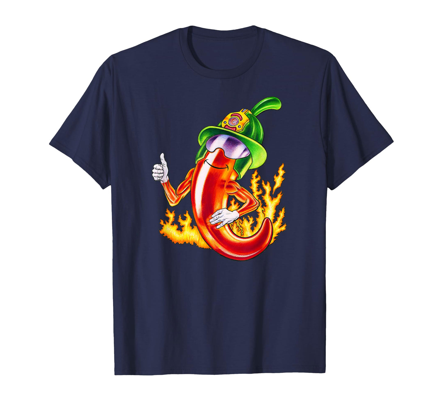 Spicy Firefighter Chili Cartoon Funny Fire Hero Drawing T-Shirt
