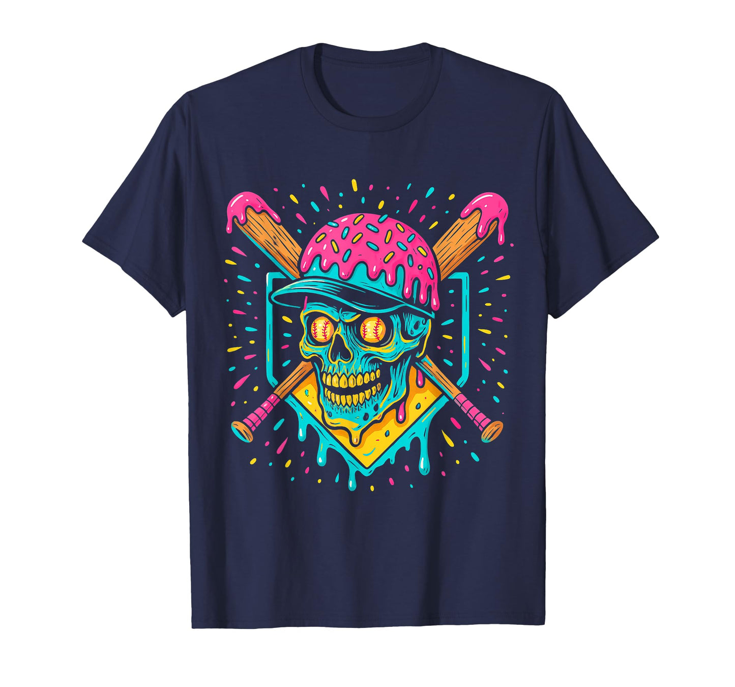 Baseball Home Plate Drip Ice Cream Skull Funny Baseball T-Shirt
