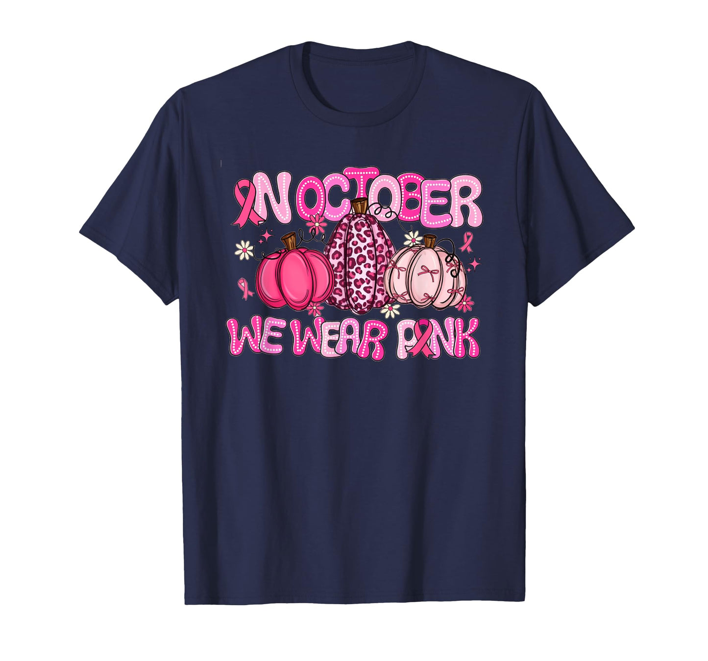 In October We Wear Pink Leopard Pumpkin Breast Cancer Gift T-Shirt