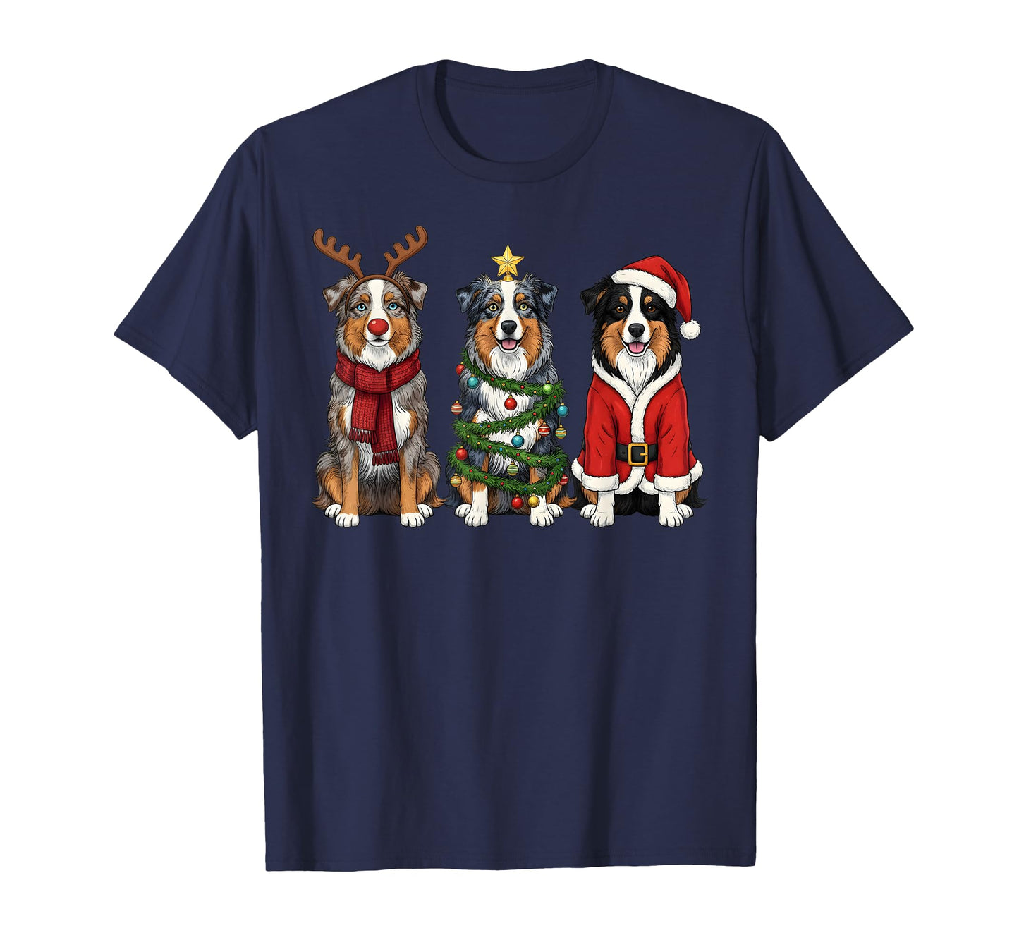 Retro Christmas Australian Shepherd Santa Reindeer Dog Lover T-Shirt