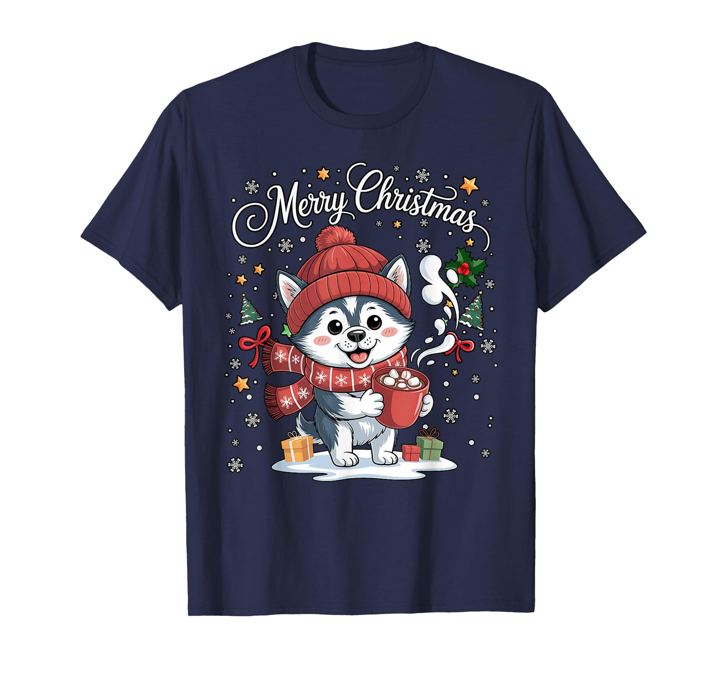 Cute Siberian Husky Dog Drink Hot Cocoa Christmas Xmas Women T-Shirt