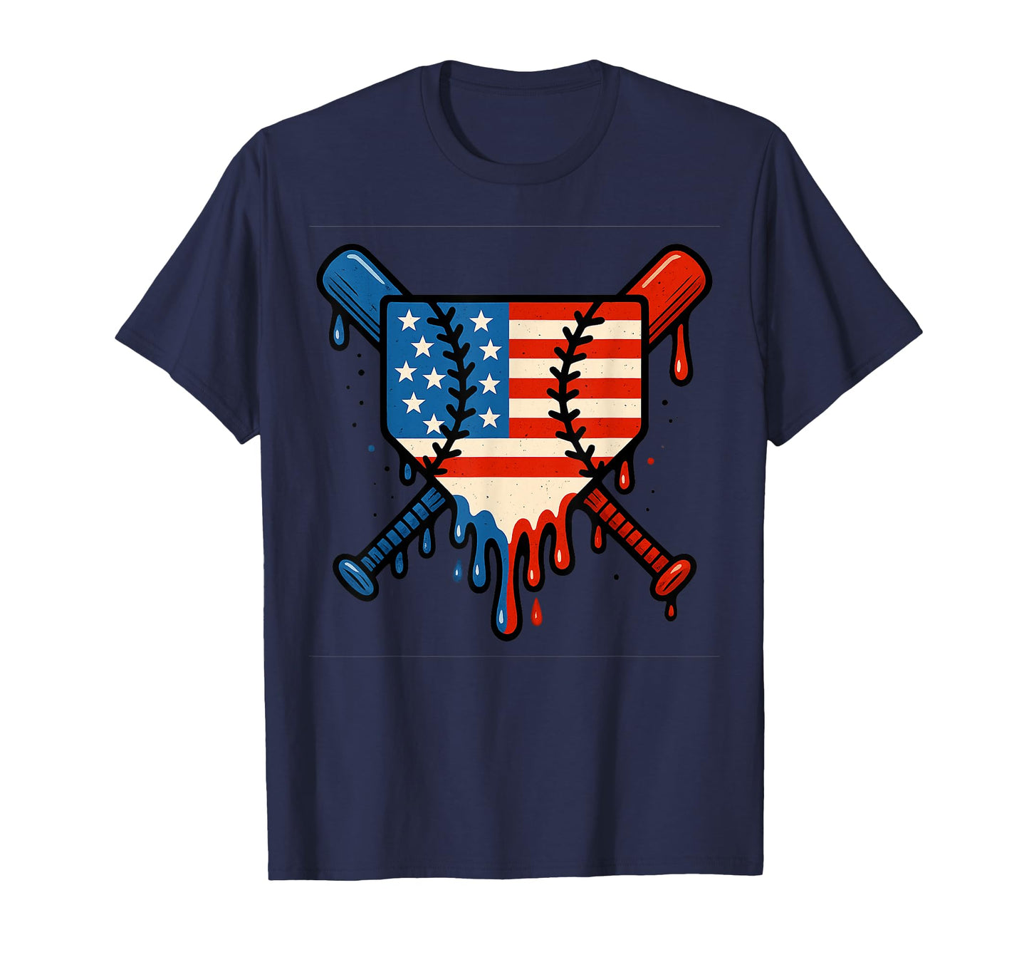Baseball Home Plate Dripping Ice Cream Drip American Flag T-Shirt