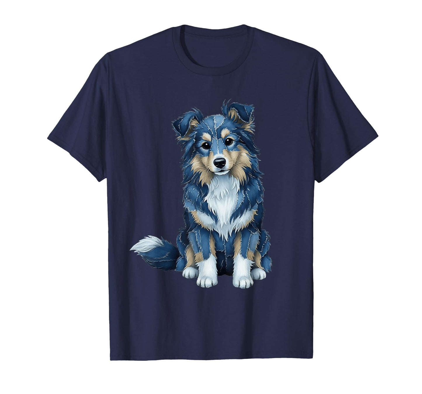 Funny Sheltie Dog Blue Denim Patchwork Pattern T-Shirt
