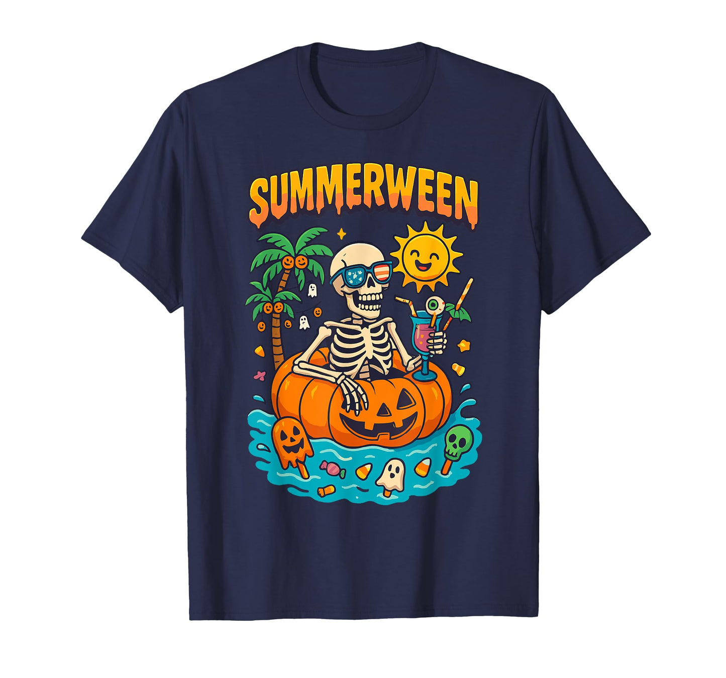 Summerween Skeleton Vibes Chillin in a Pumpkin Float T-Shirt