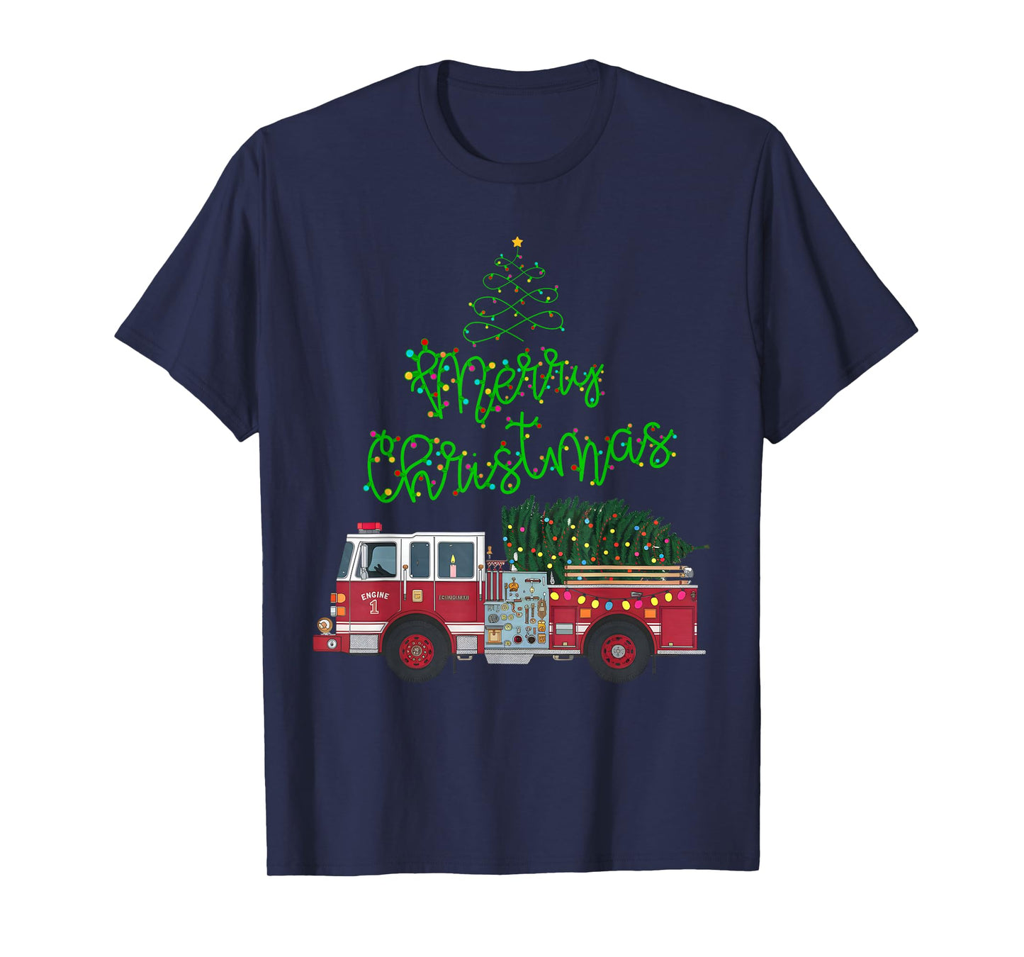 Merry Christmas Firetruck Xmas Tree Lights Boys Toddler Kids T-Shirt