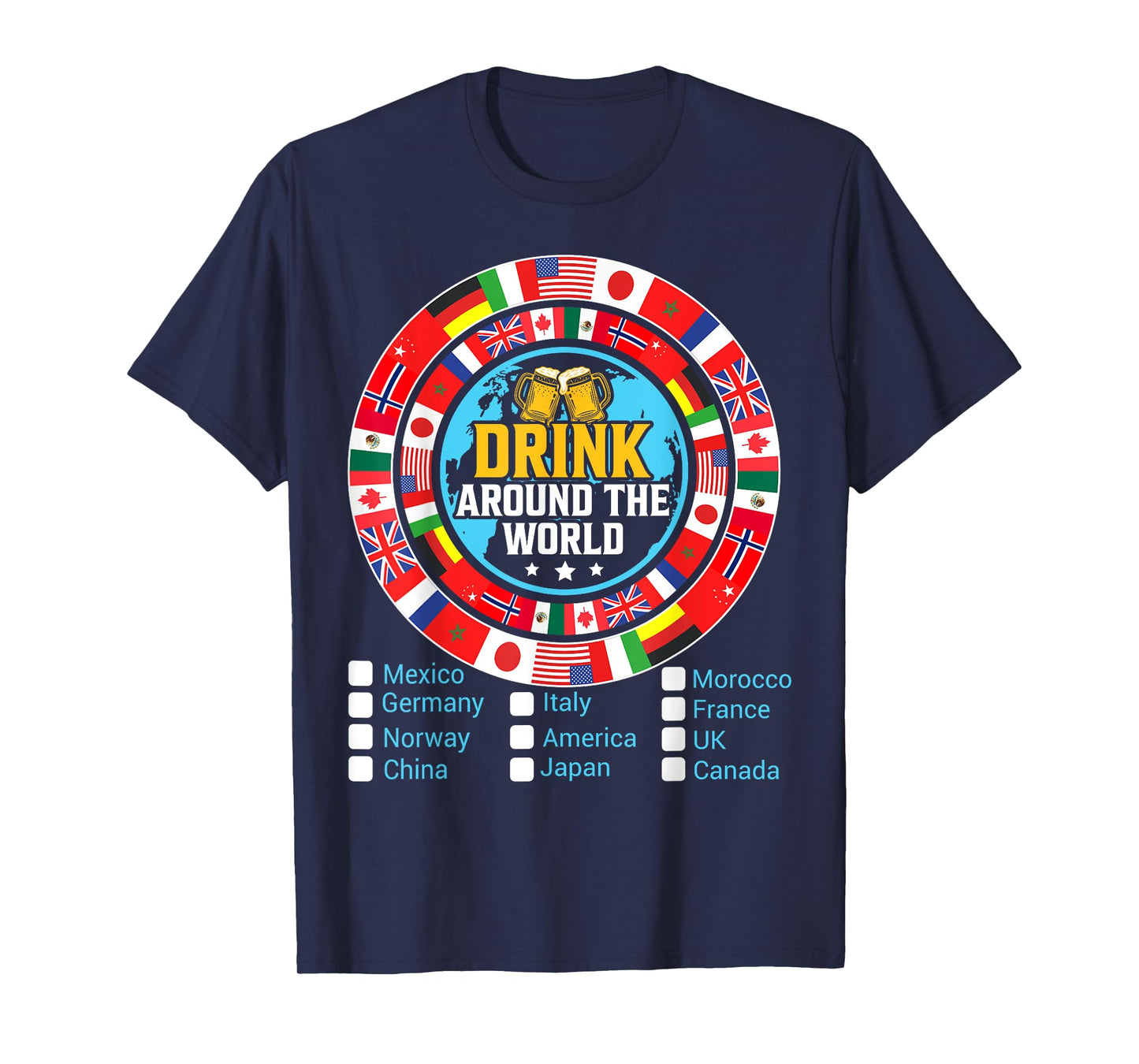Drink Around The World - Vacation Drinking Map Chart T-Shirt, Small, Black