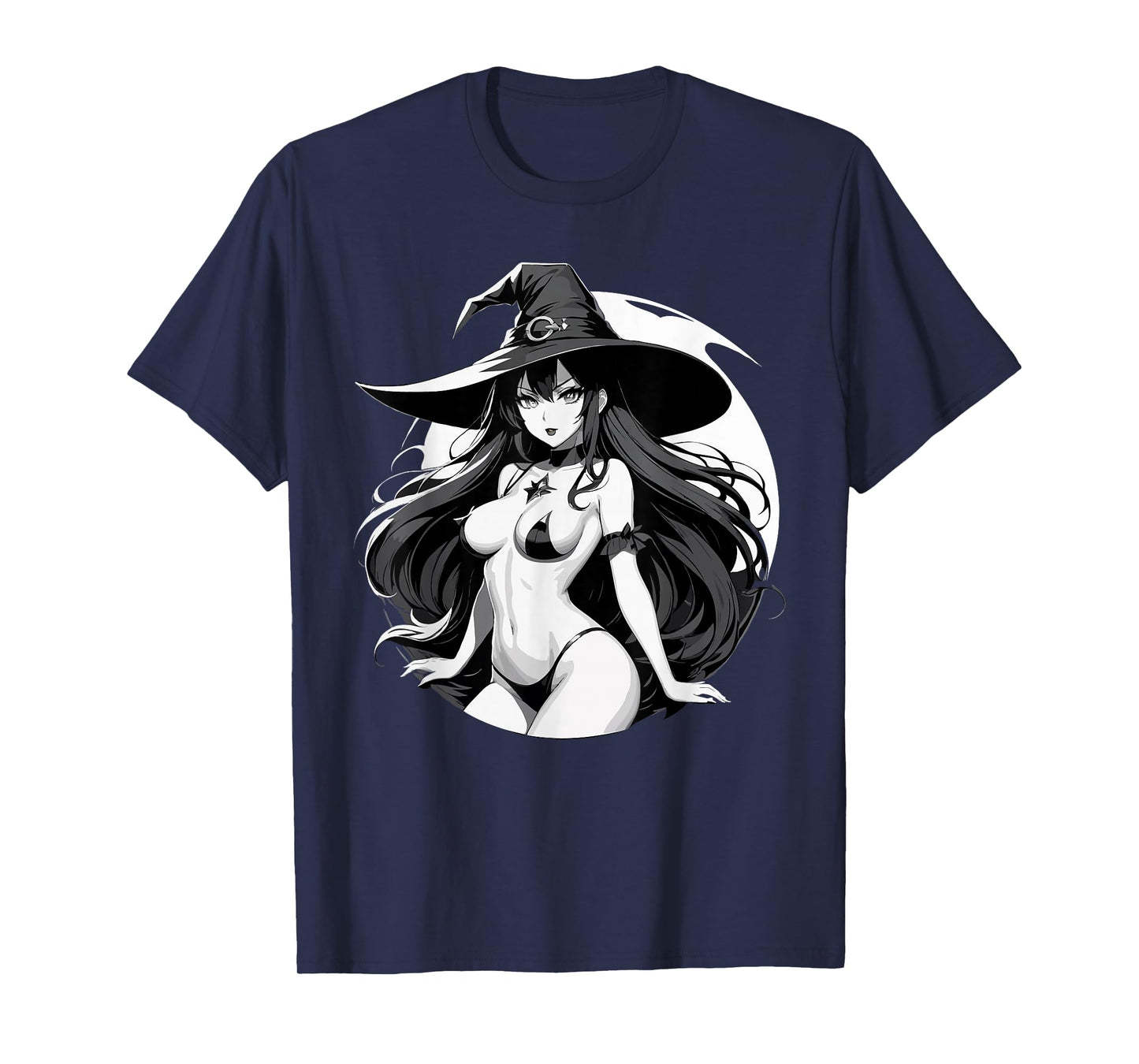 Sexy Waifu Witch Anime Girl Japanese in Black and White Art T-Shirt