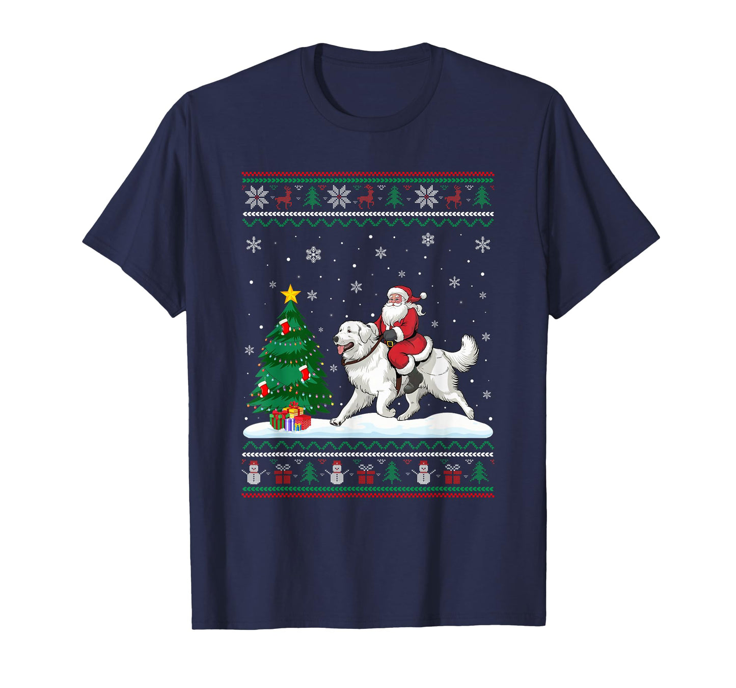 Ugly Christmas Tree Lights Santa Riding Great Pyrenees Dog T-Shirt